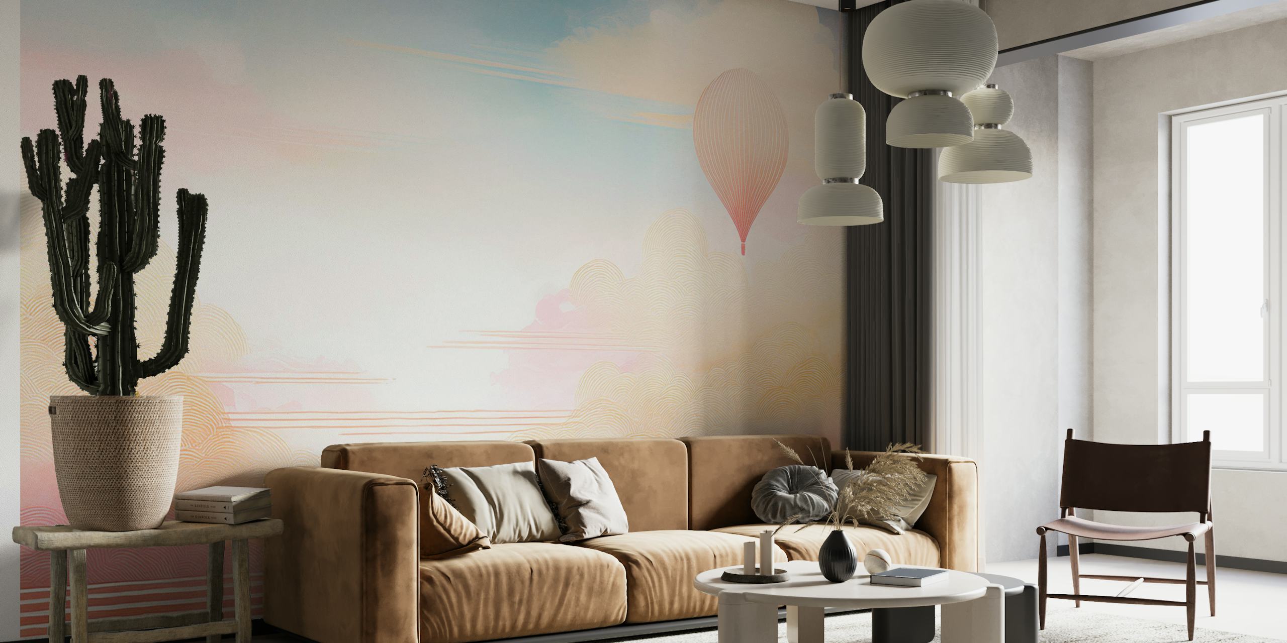 Pastel hot air balloon, soft clouds, sky blue wallpaper