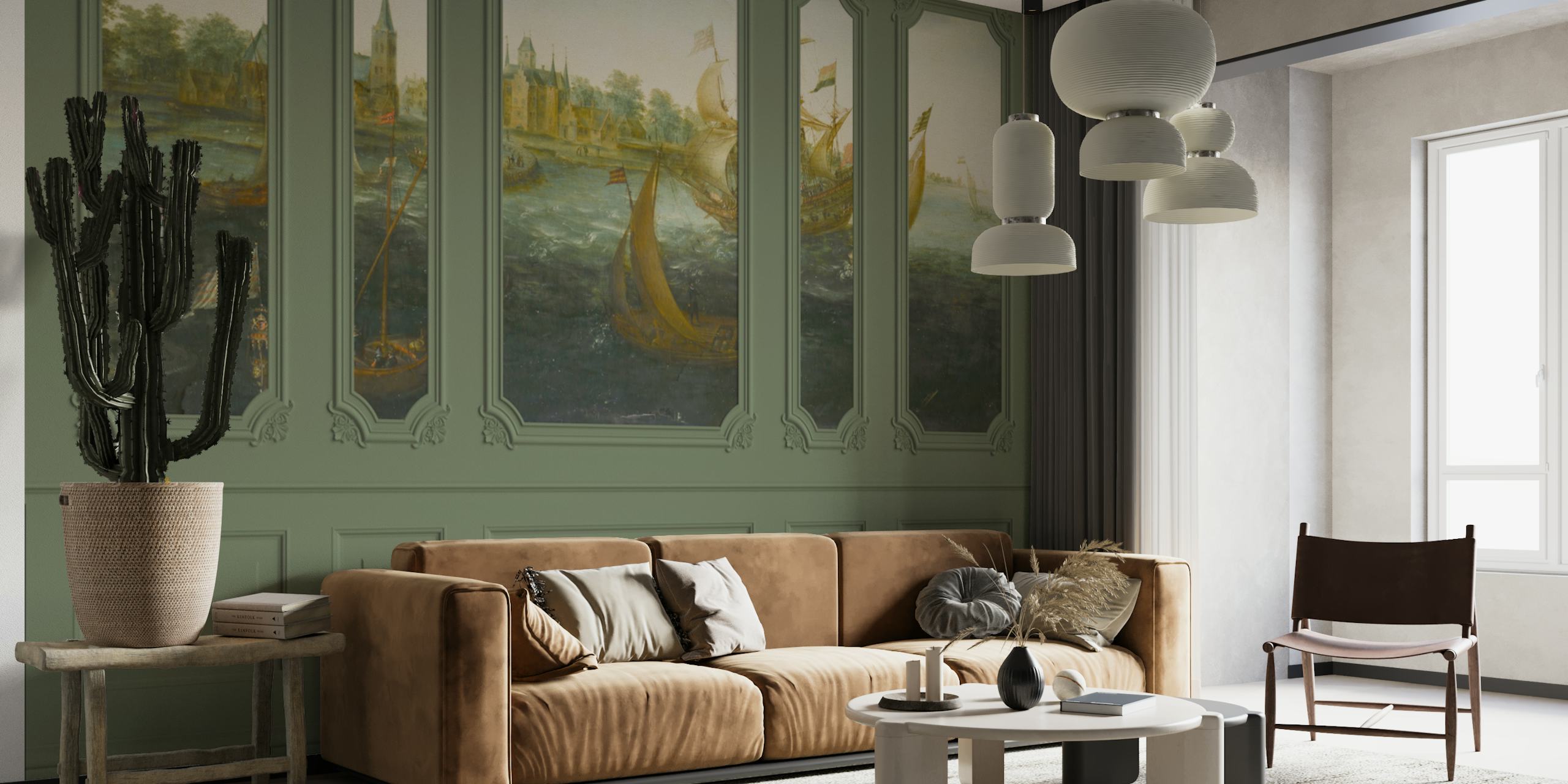 Sailing ships and coastal scenery in viridian green wallpaper