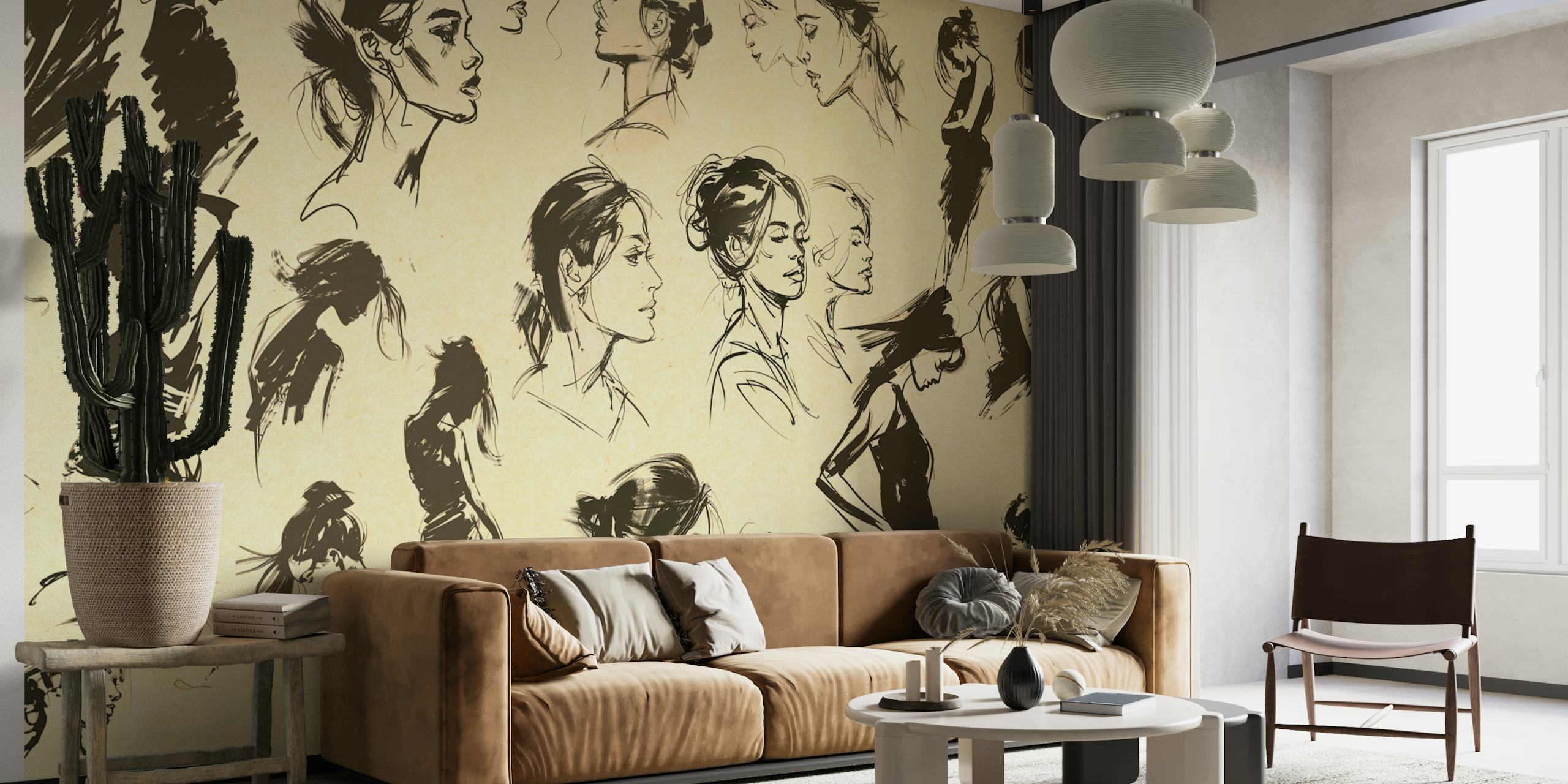 Papel de parede Vintage Elegant Silhouette Drawings no quarto