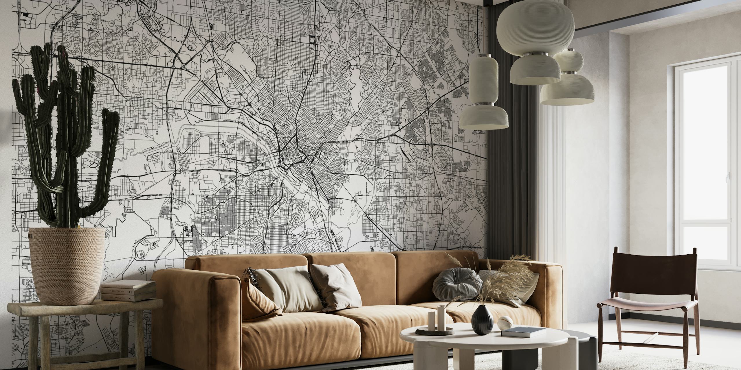 Schwarz-weißes Wandgemälde mit Stadtplan von Dallas