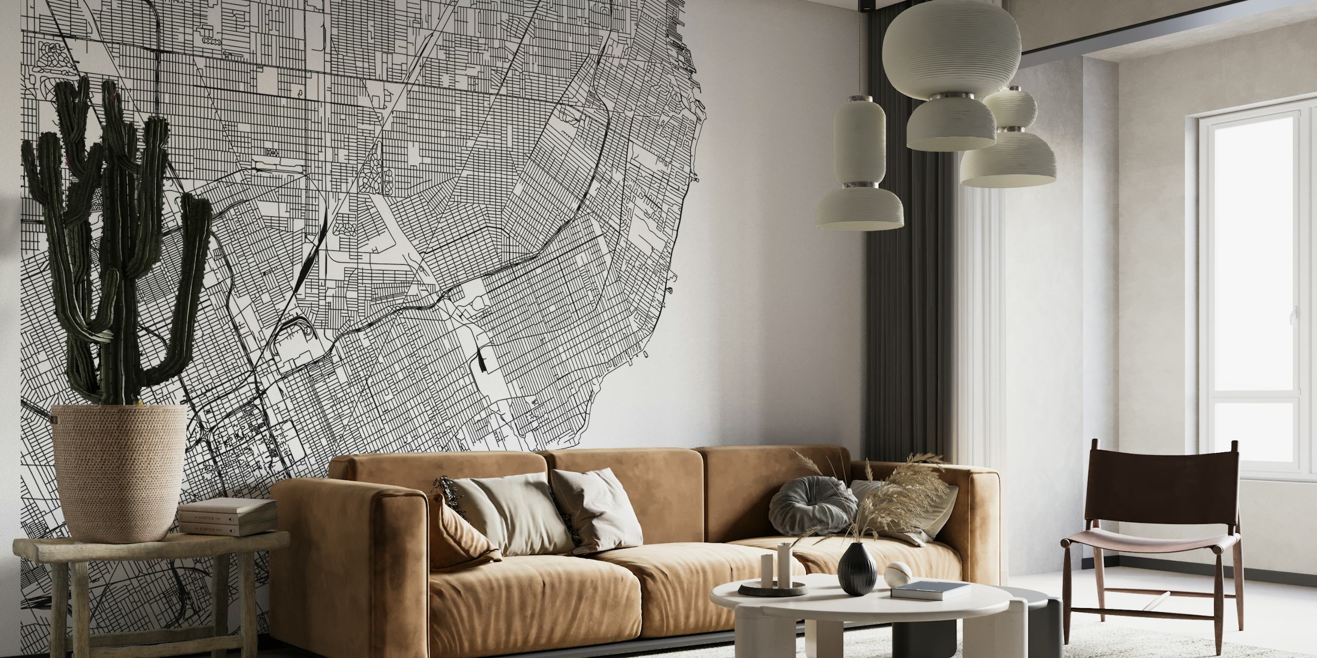 Detailed and modern Detroit Map wallpaper mural for home and office interiors