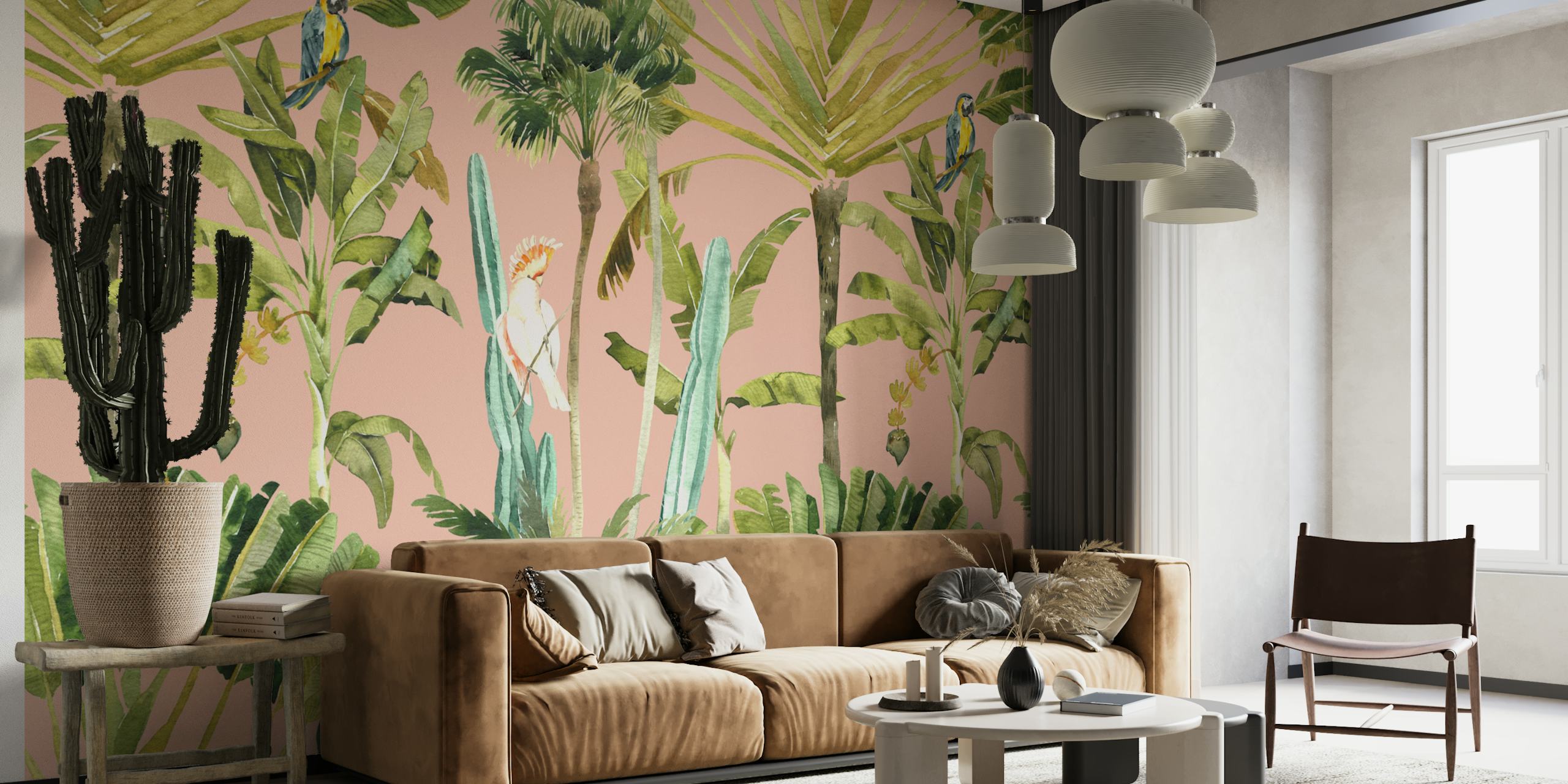 Behang met Birds in Jungle Foliage on Soft Pink in een kamer