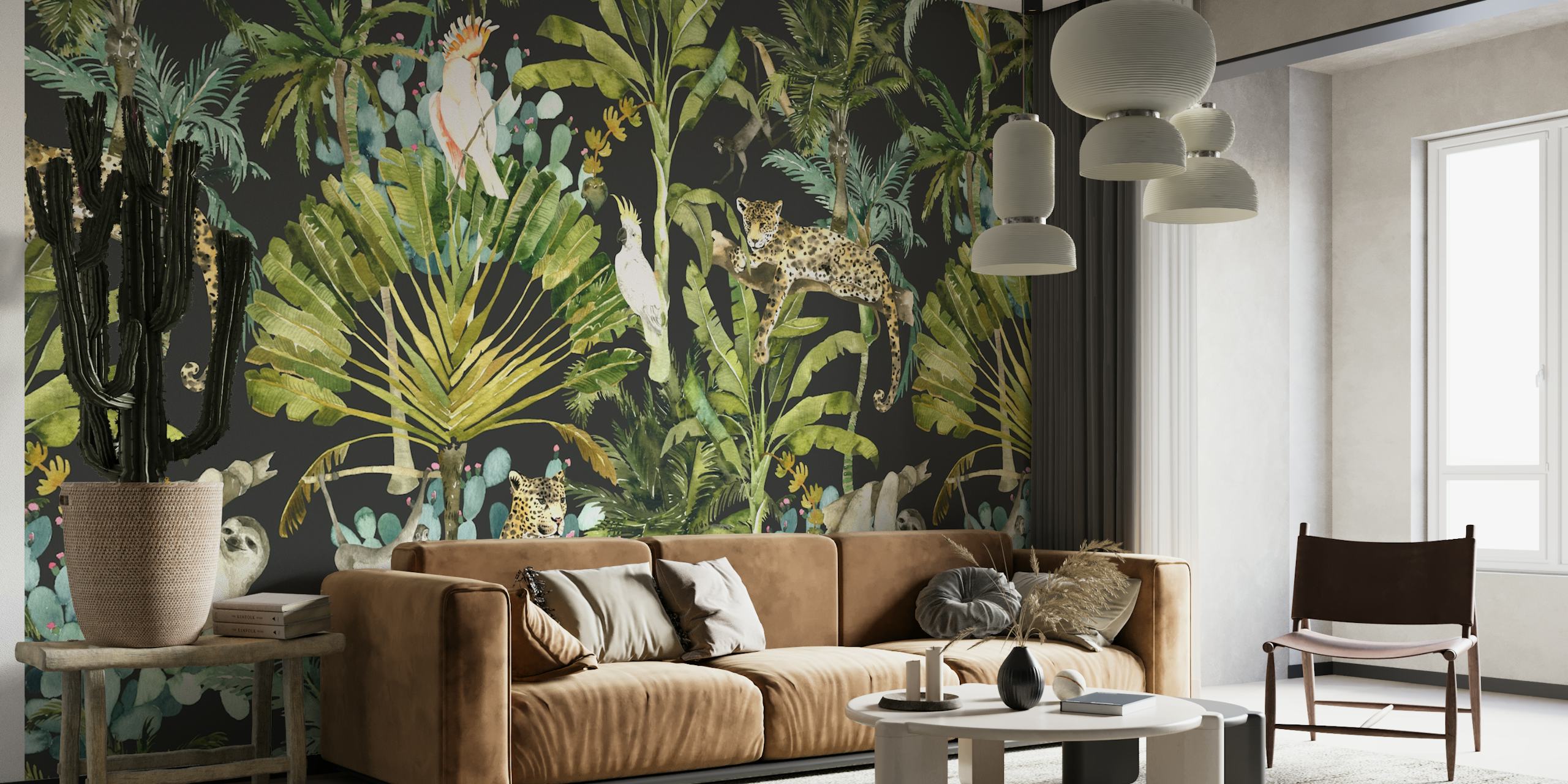 Watercolor rainforest wallpaper with leopards and monkeys