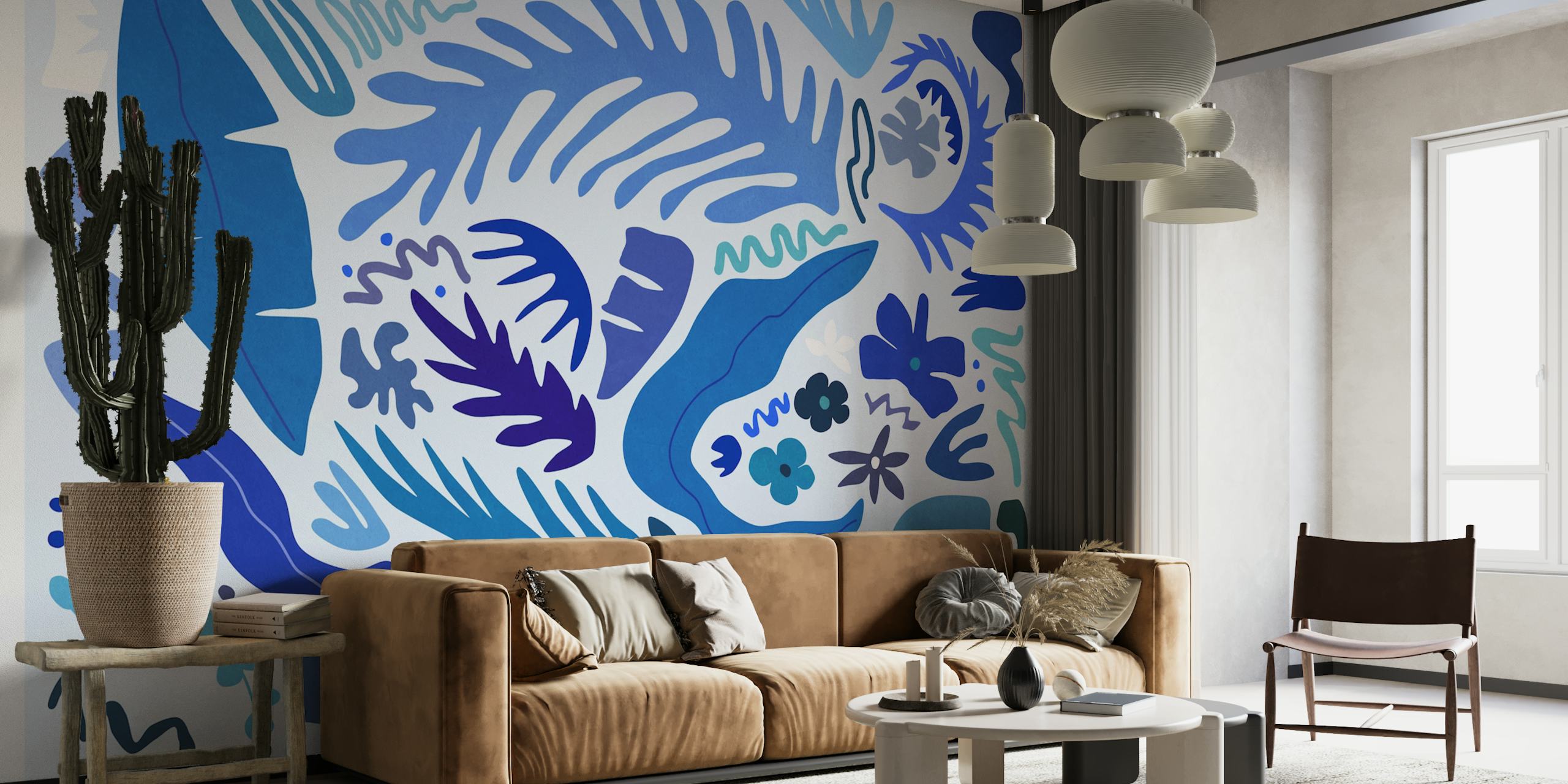 Blue botanical wallpaper in a room