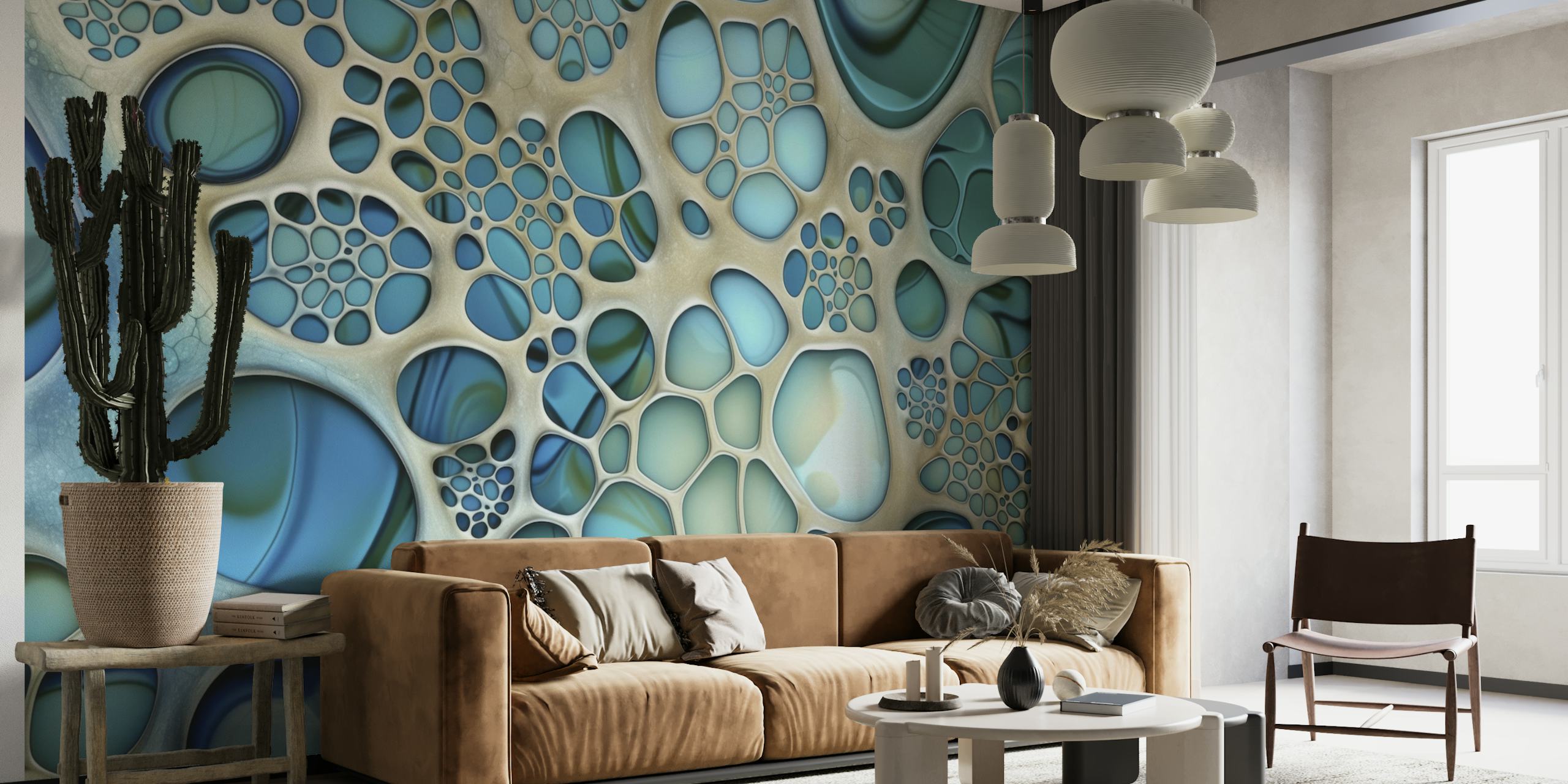 Abstract blue bubble patterns in varying sizes wallpaper