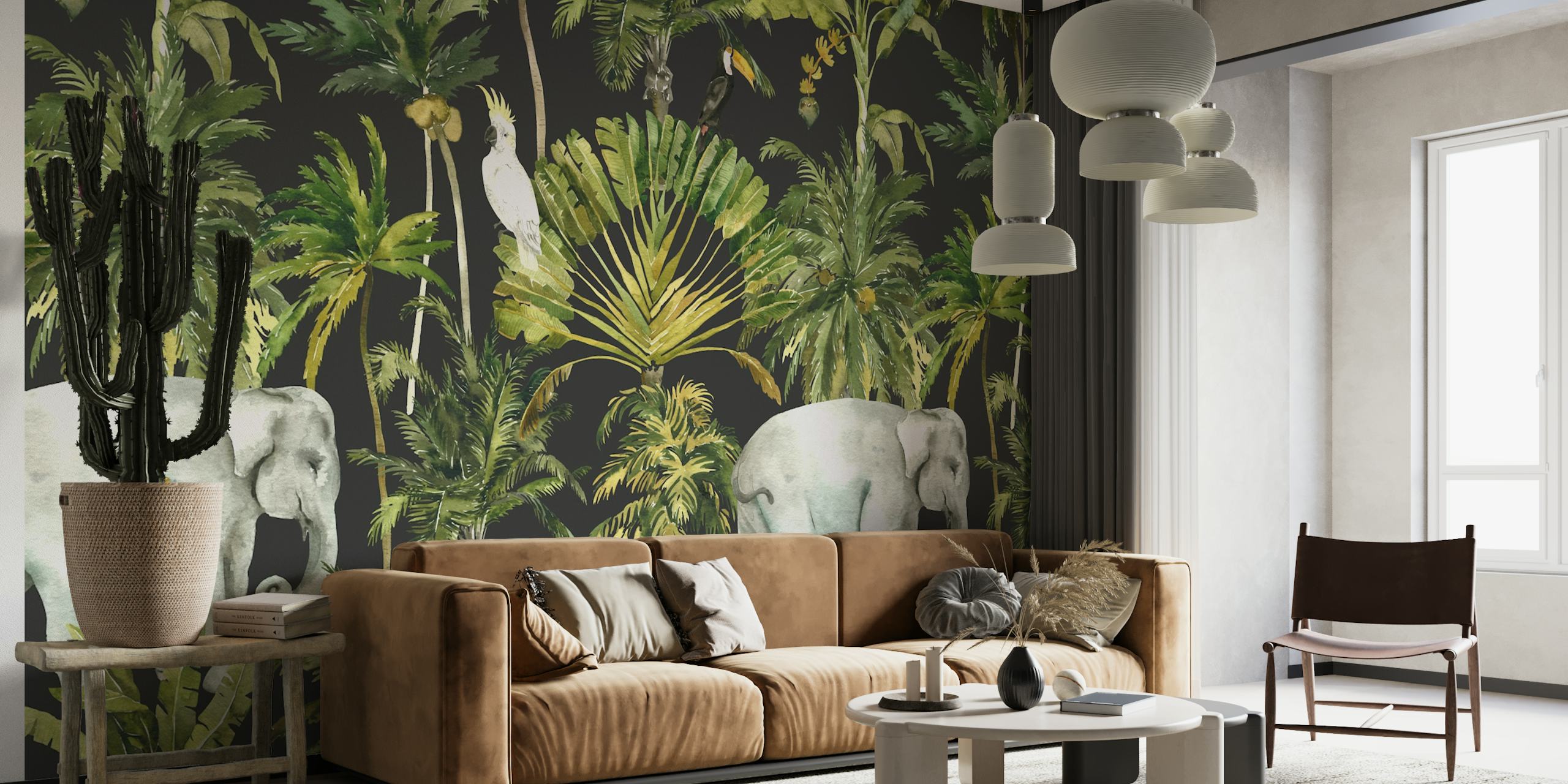 Elephants and toucans among lush green jungle foliage wallpaper
