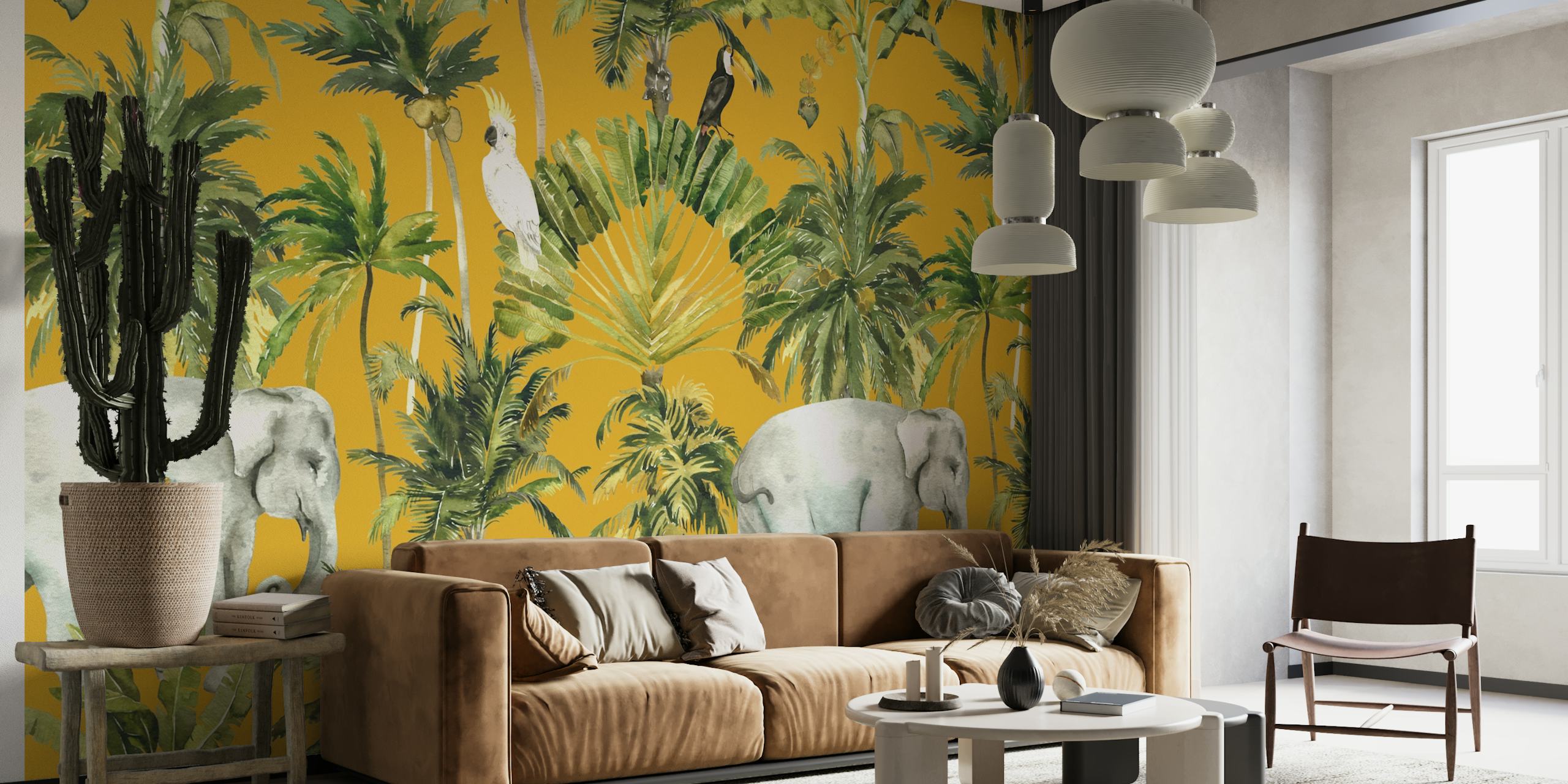 Elephants and cockatoos among palm leaves in vivid yellow wallpaper