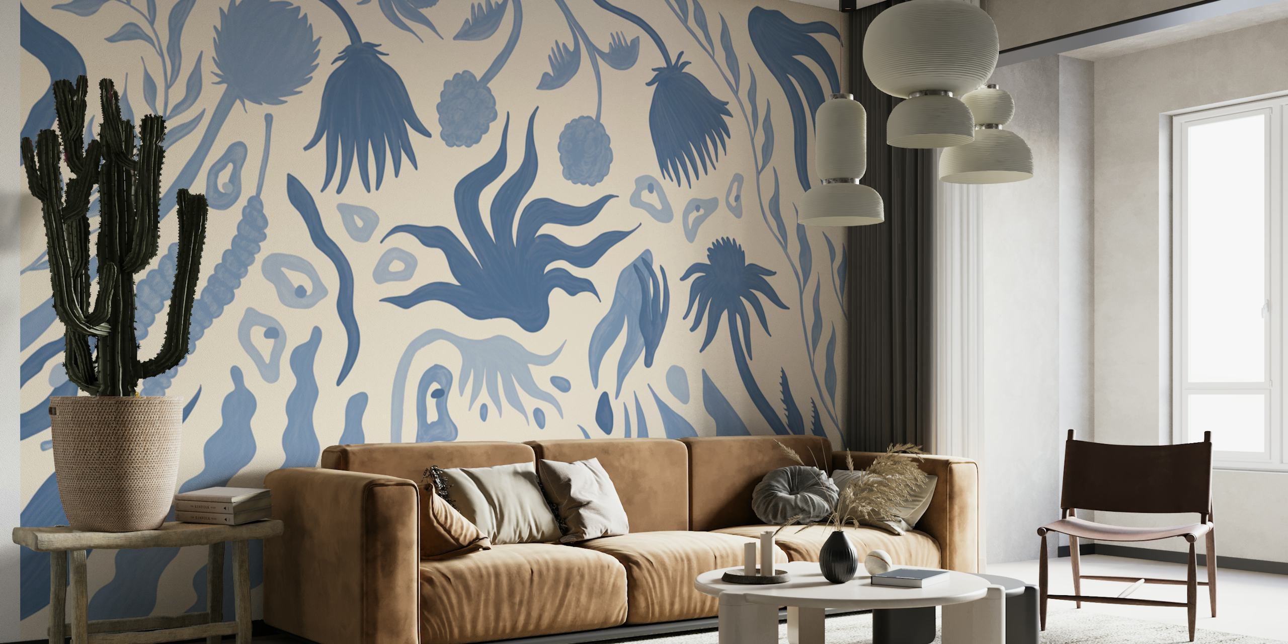 Vintage Botanical Blossom Blues -tapetti huoneessa