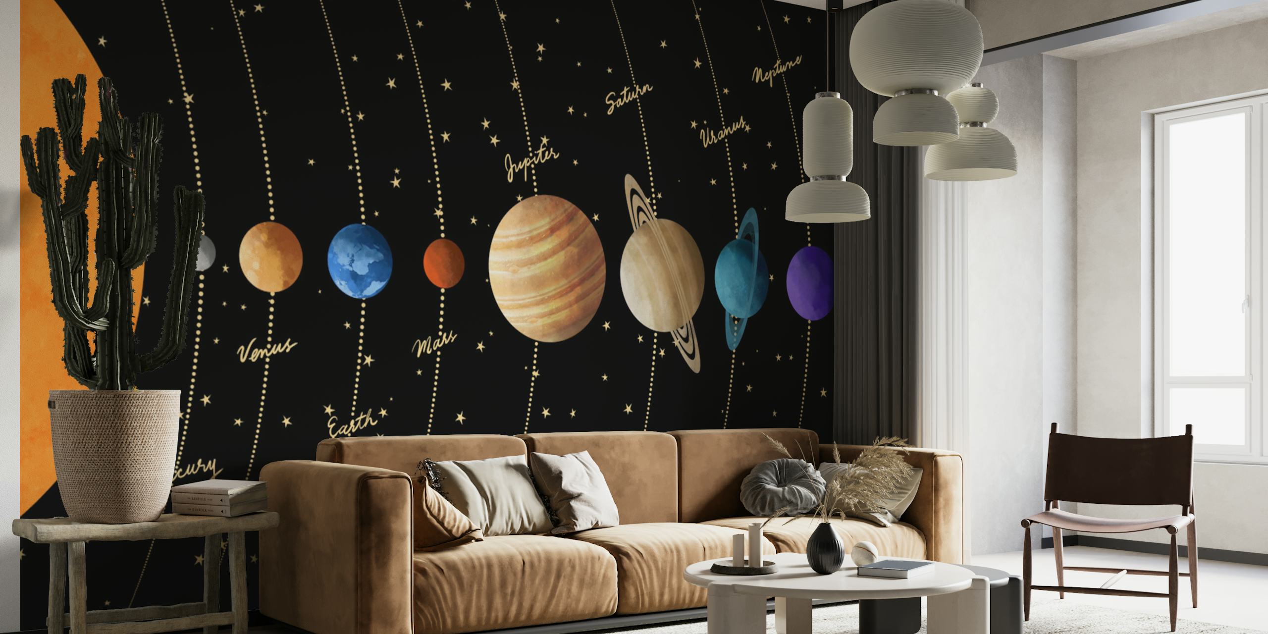 Celestial solar system wallpaper in a room