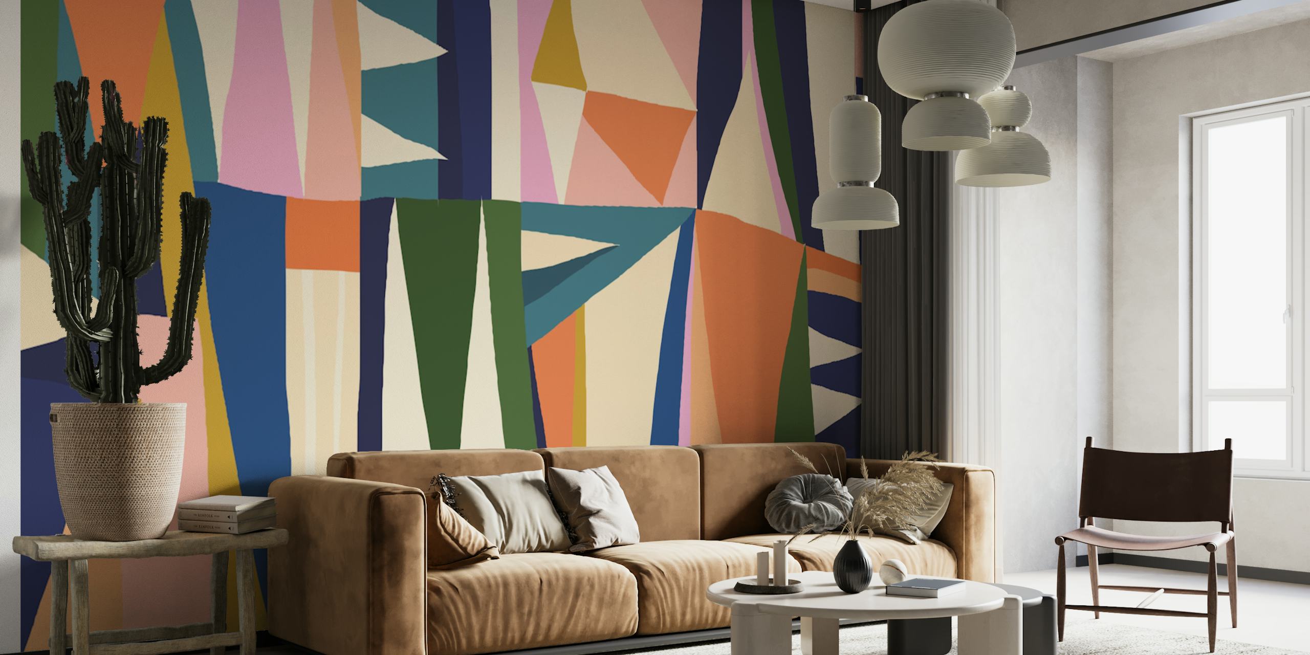 Abstract geometric shapes in vibrant colors including pink, blue, green, and orange wallpaper