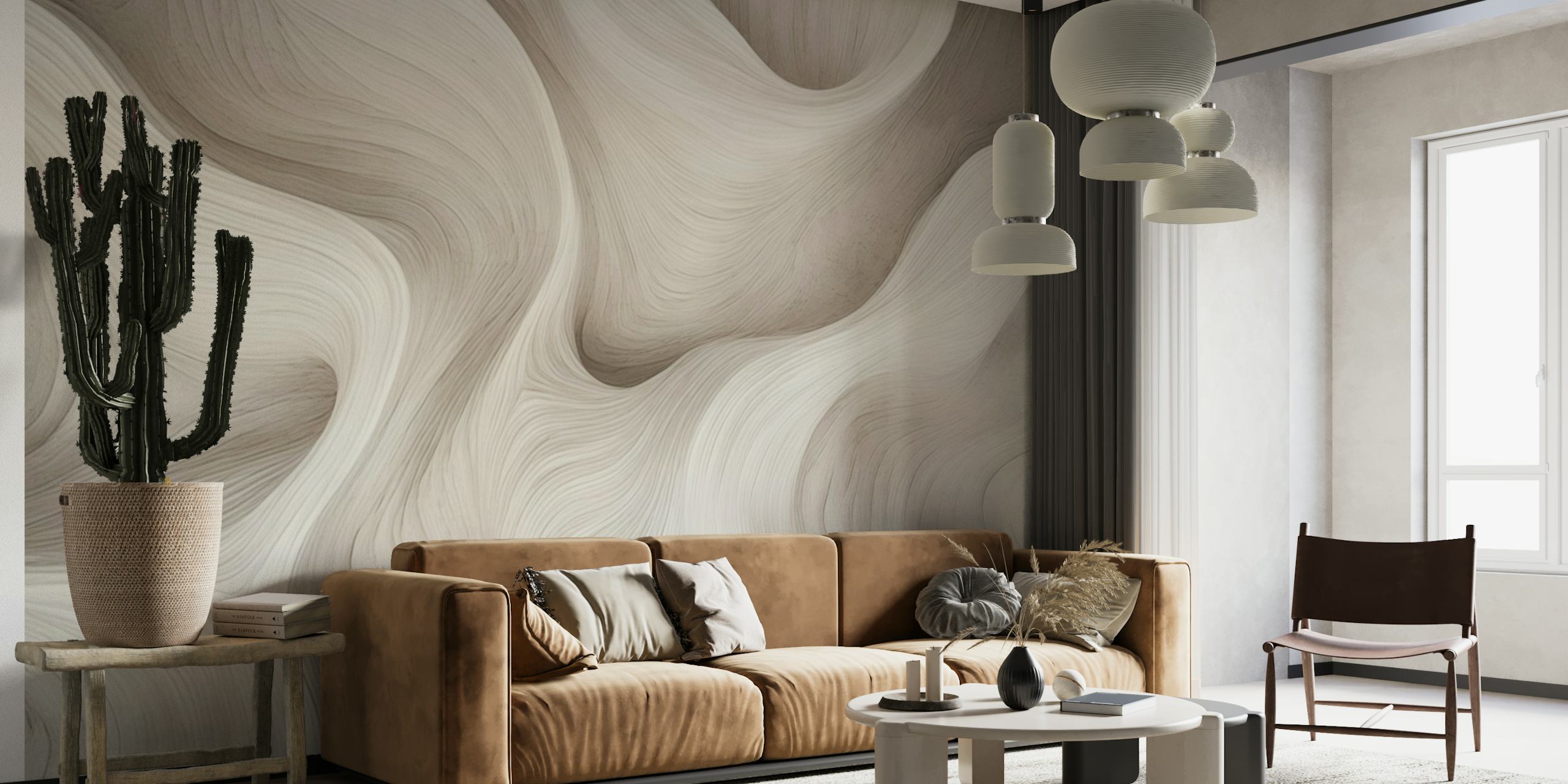 Flowing wave patterns in soft beige tones wallpaper