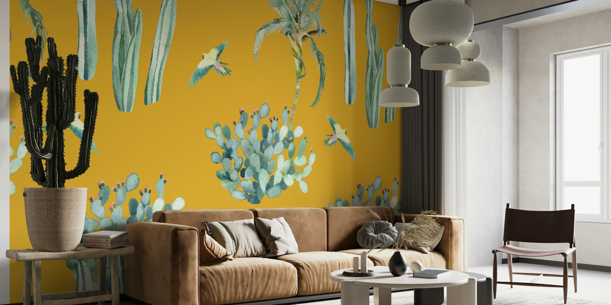 Cactus and exotic birds design in bright mustard yellow wallpaper