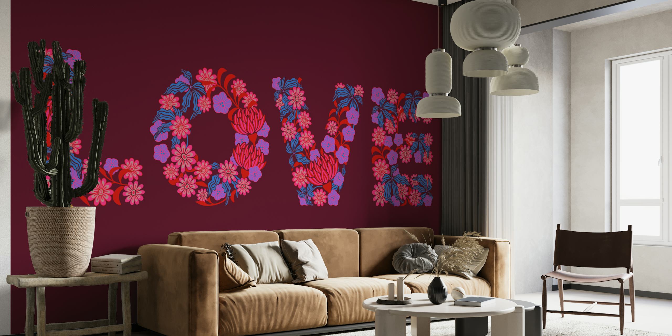 Floral letters spelling 'LOVE' in red and purple flowers wallpaper
