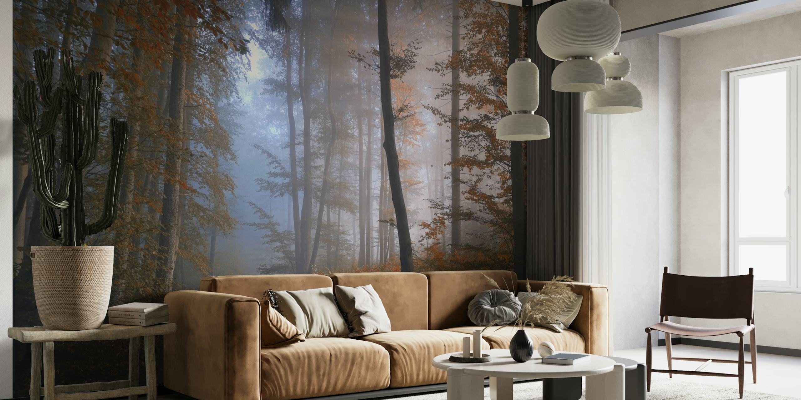 Autumn forest scene with orange and brown leaves, foggy background wallpaper