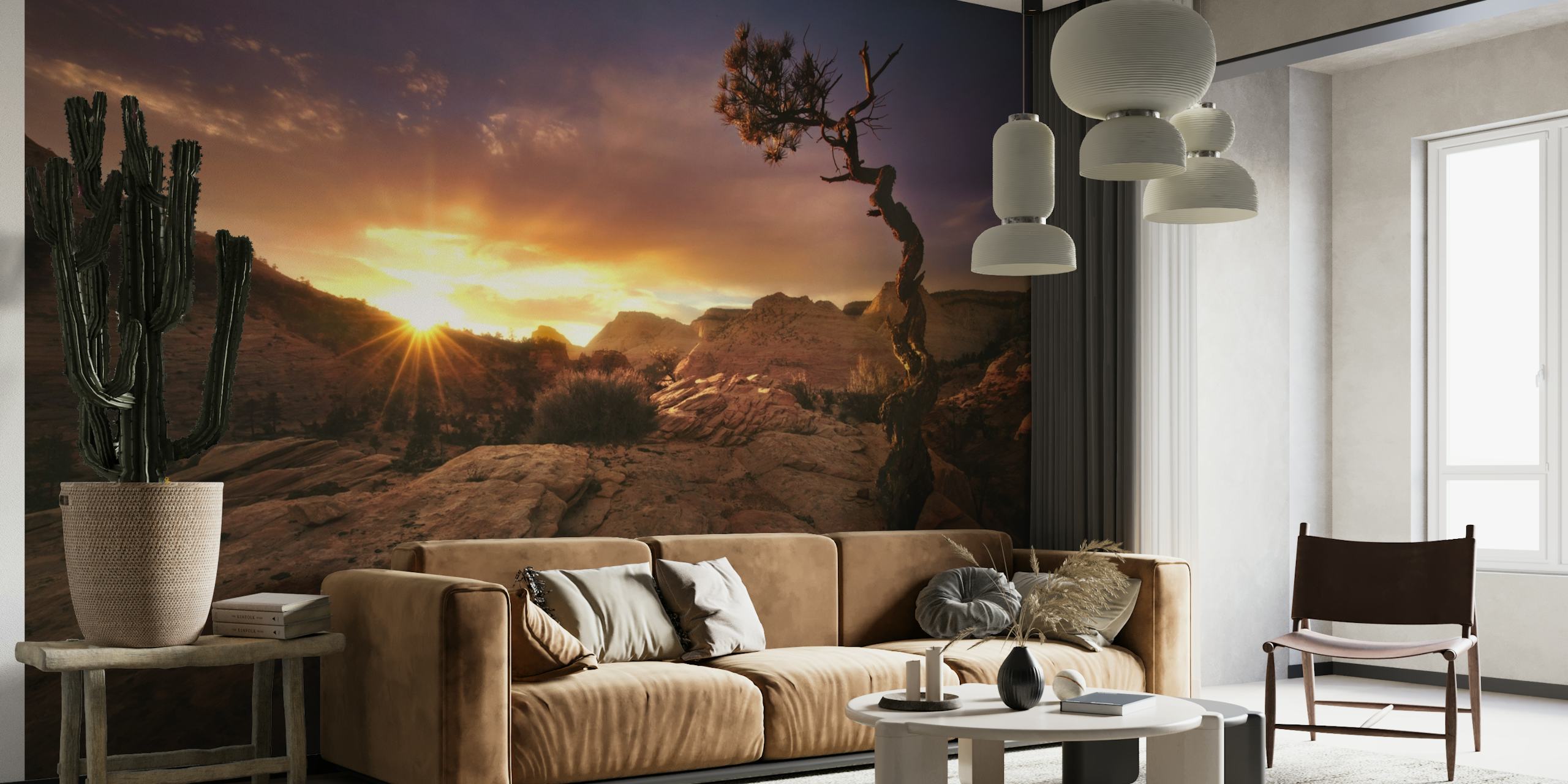 Surreal landscape wall mural with twisted tree and sunset