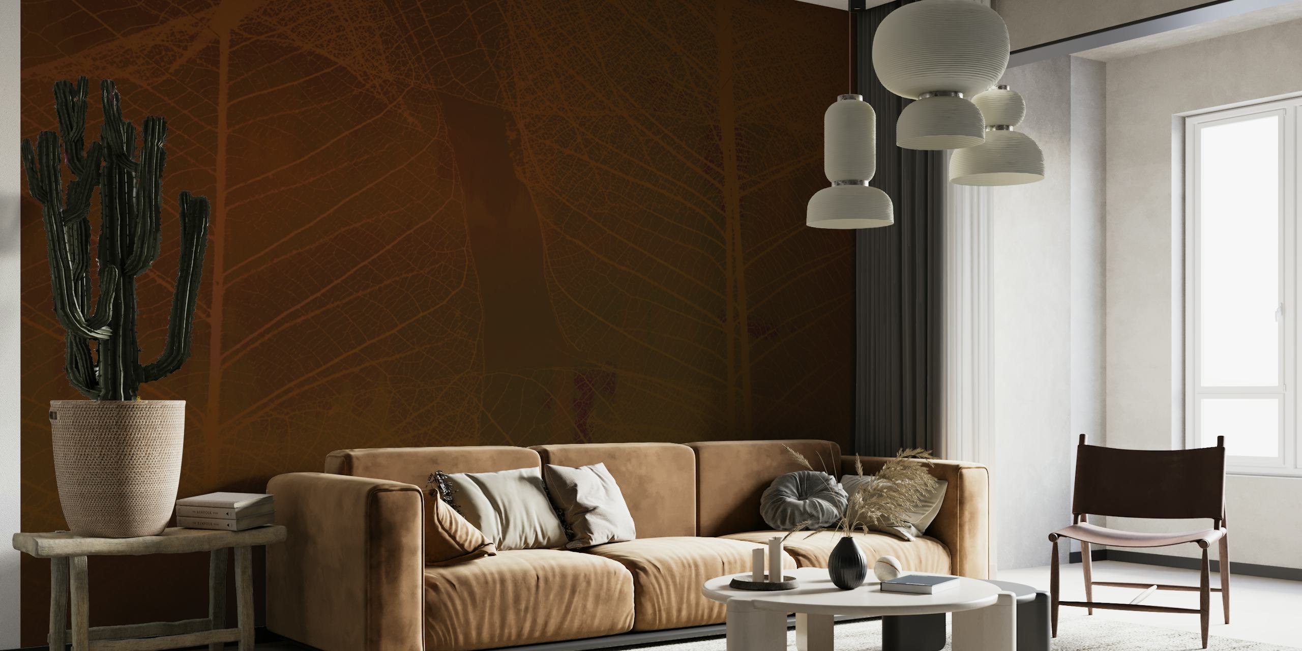 Brown leaf pattern in translucent overlay on dark background wallpaper