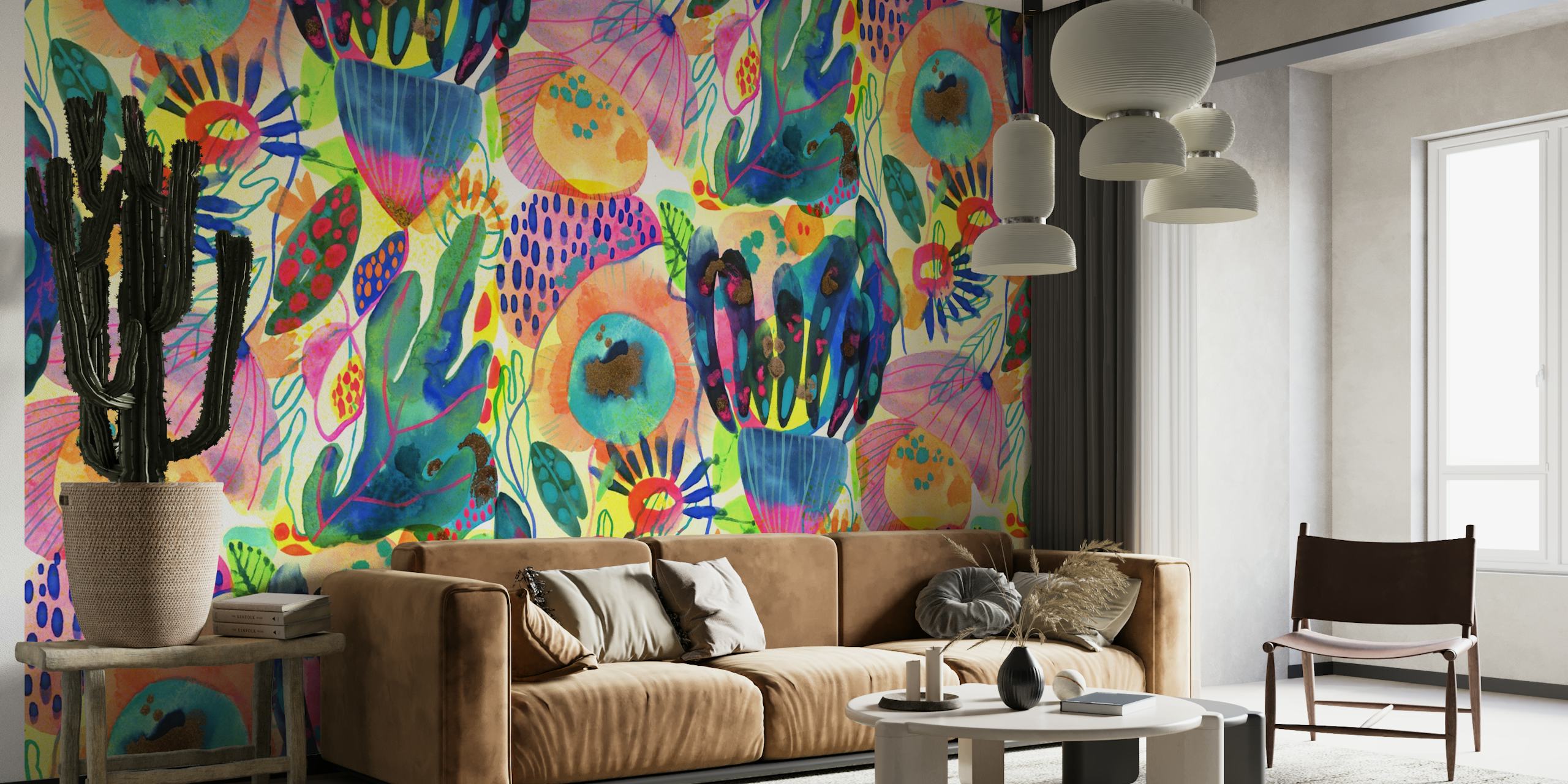 Colorful tropical flowers and leaves pattern wallpaper
