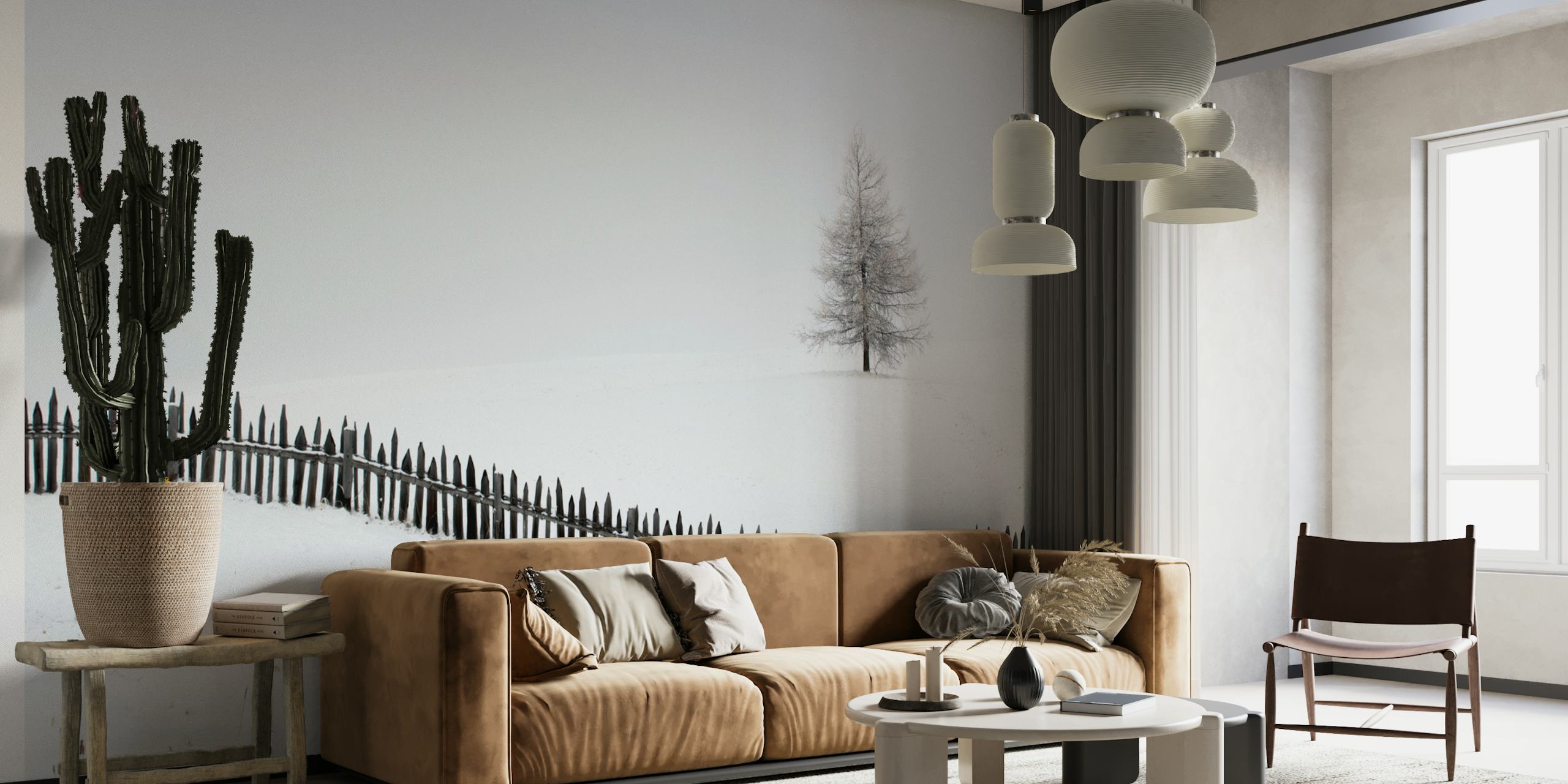 Minimalist snowy landscape with a lone tree and wooden fence wallpaper