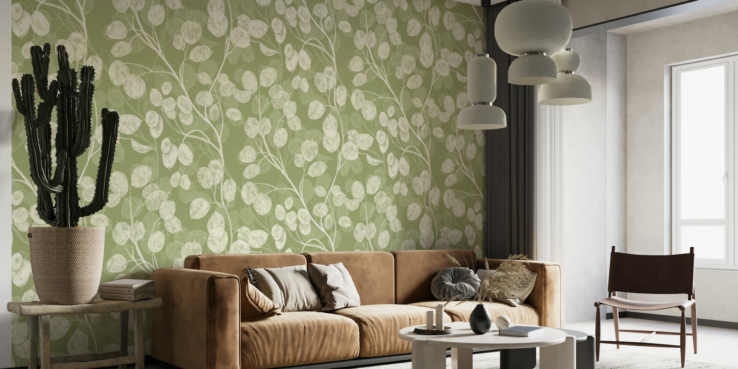 Honesty sage green floral papel de parede em um quarto