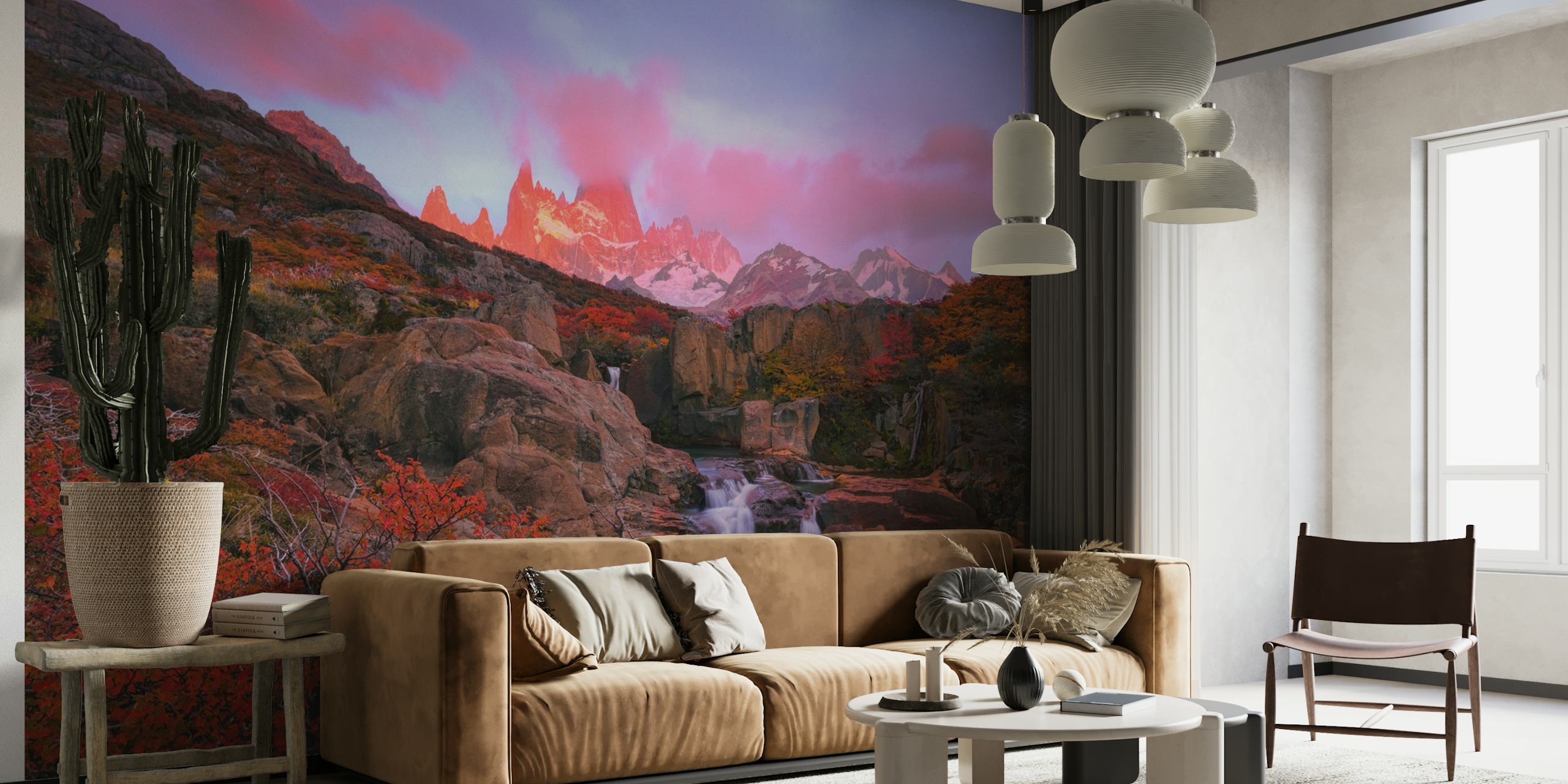 Mountainous landscape with sunrise, waterfall, and autumn foliage wall mural
