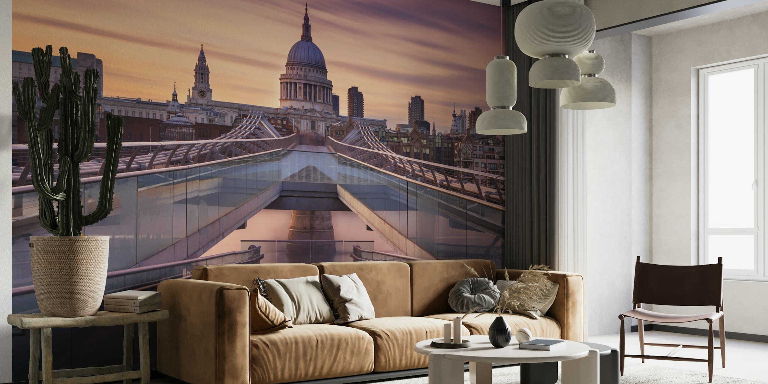 Millennium Bridge leading towards St Paul's Cathedral at sunset wallpaper