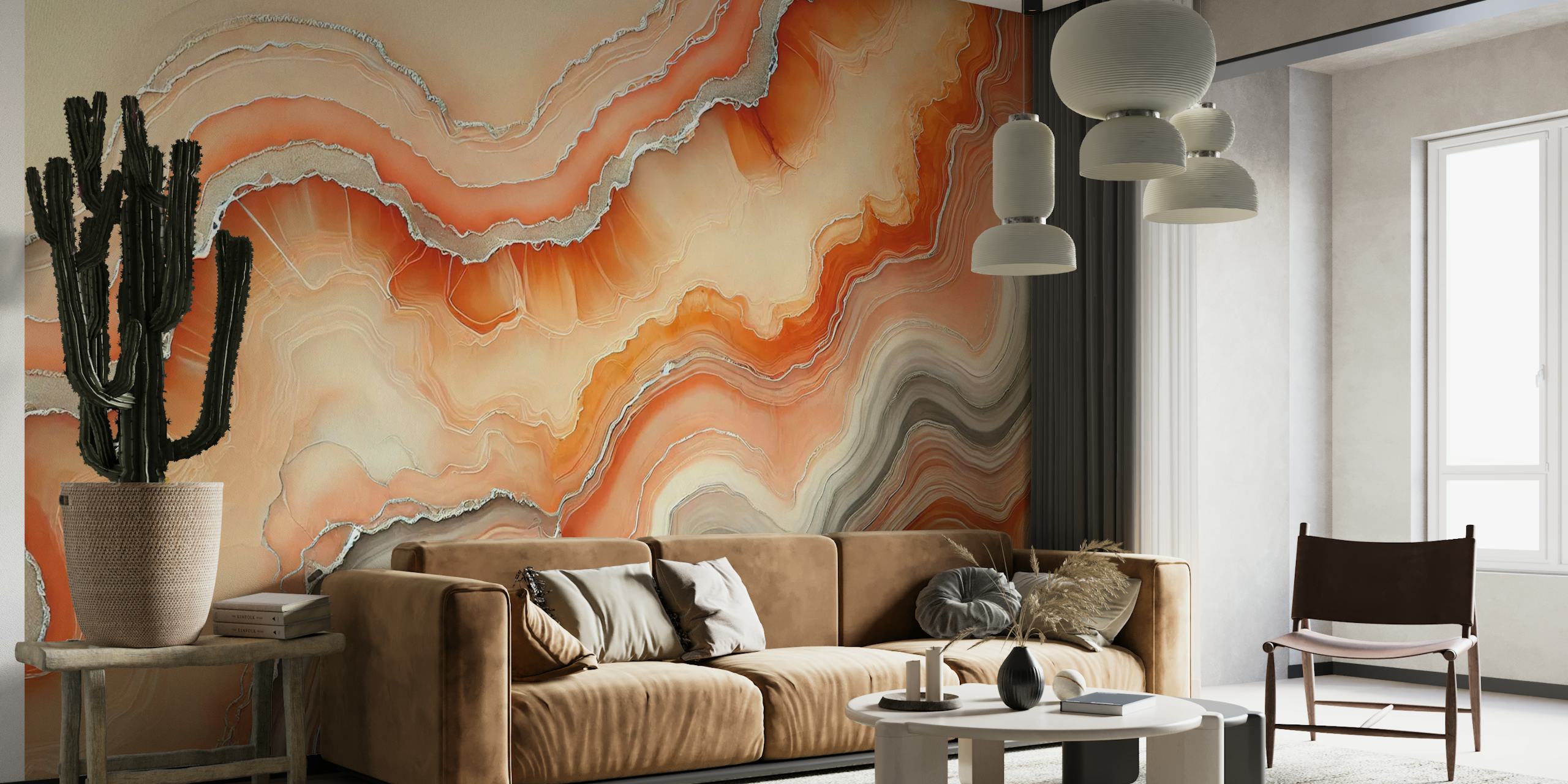 Earthy agate pattern in warm orange, gray, and beige tones wallpaper