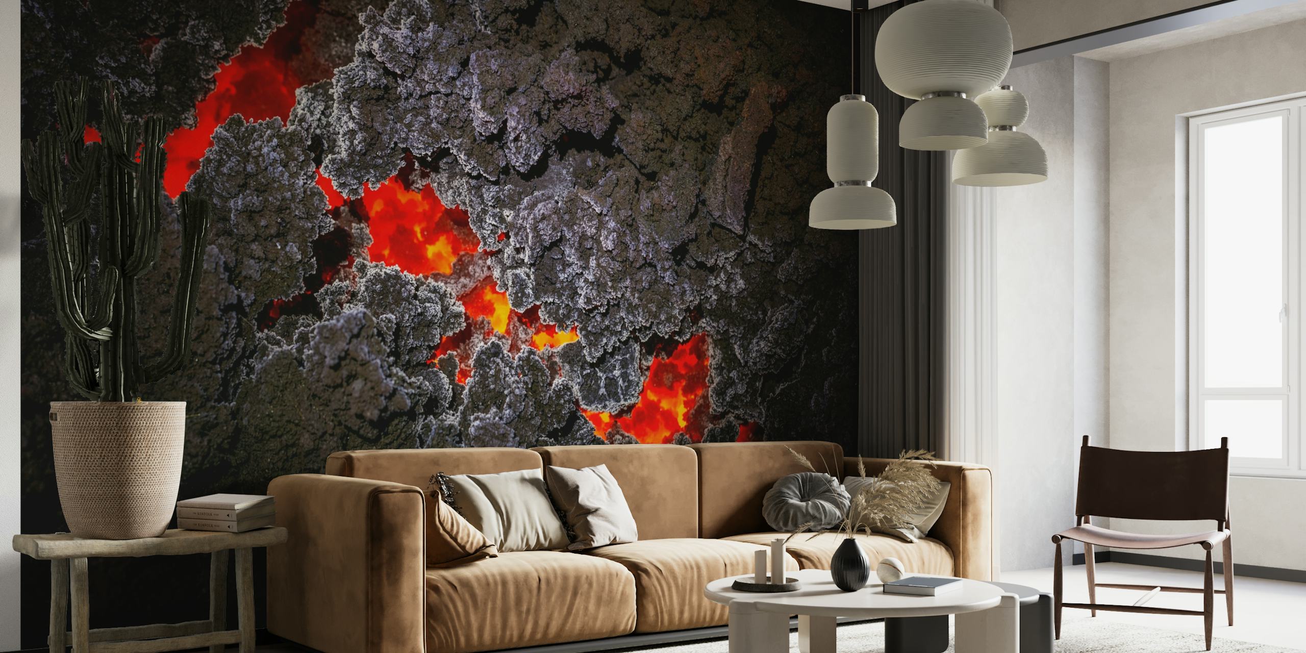 Abstract wall mural with red crystalline patterns on a dark background simulating a geode