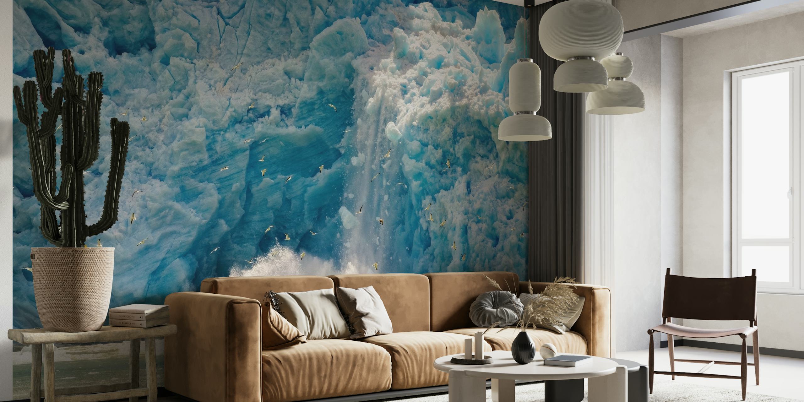 Glacier calving vægmaleri med intens blå is og dynamisk stænk