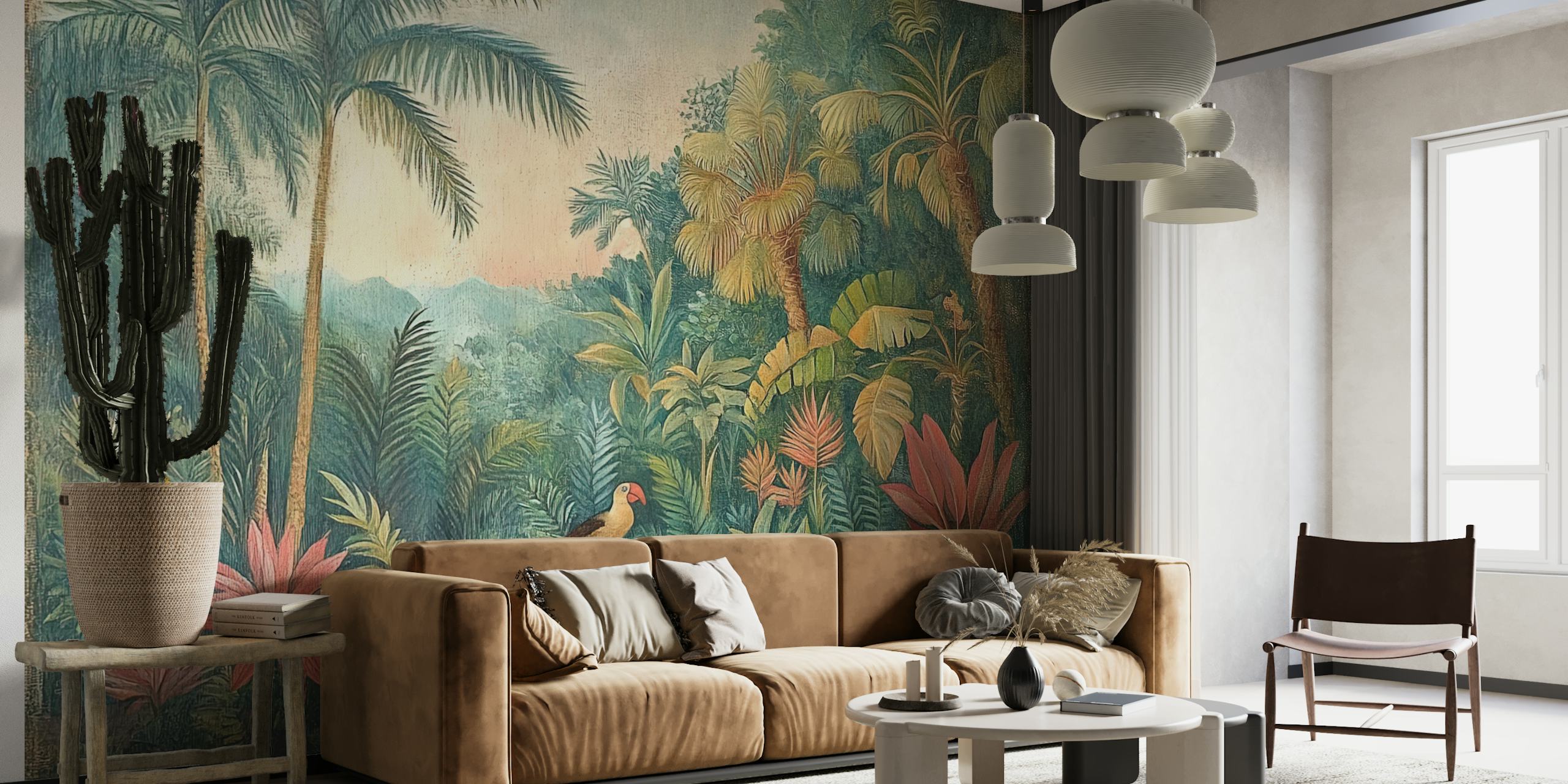 Tropical jungle scene with pink plants and palm leaves wallpaper
