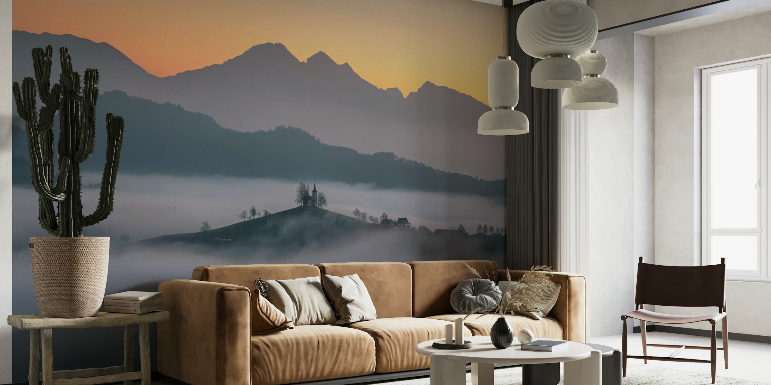 Misty Mountain Sunrise wallpaper in de kamer
