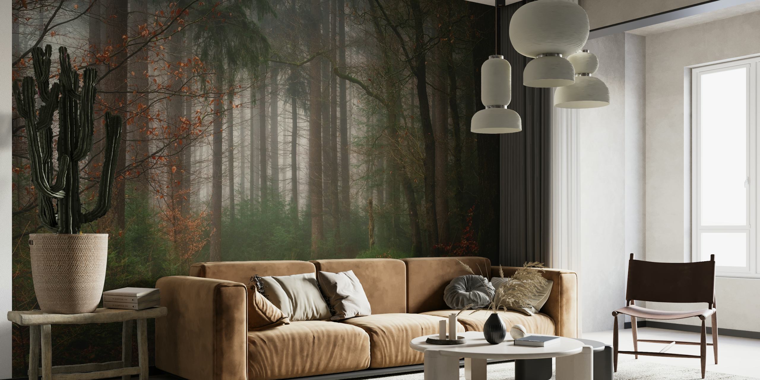 Misty forest path wall mural in a serene setting