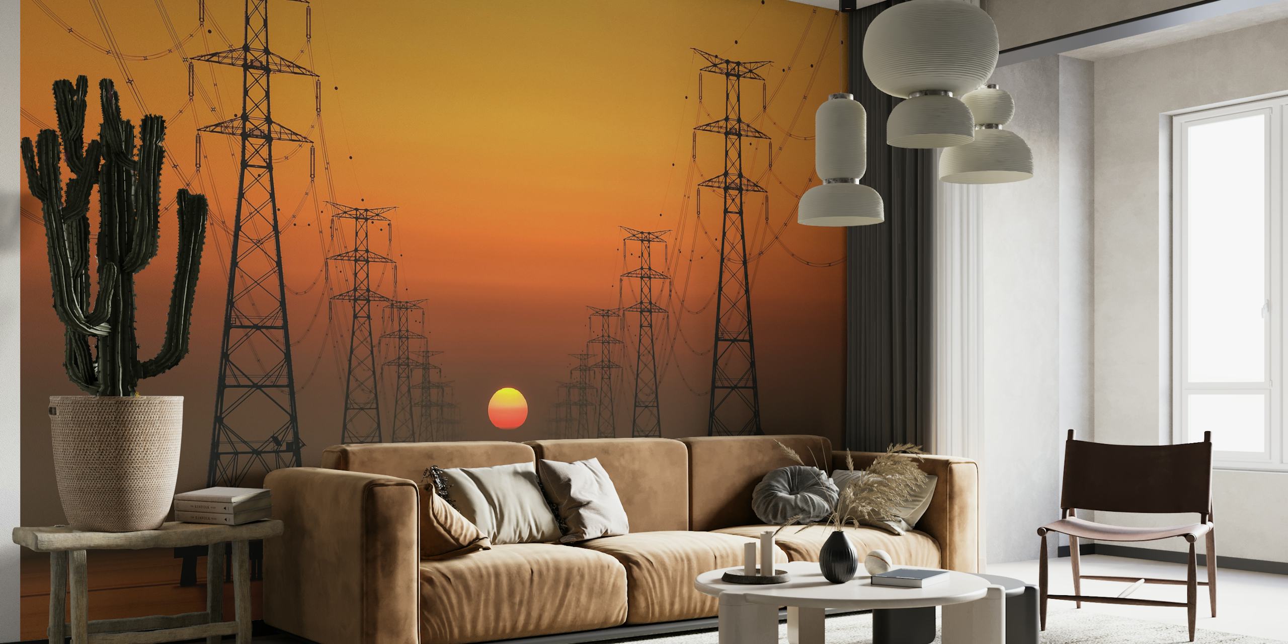 Power line wallpaper with sunset background