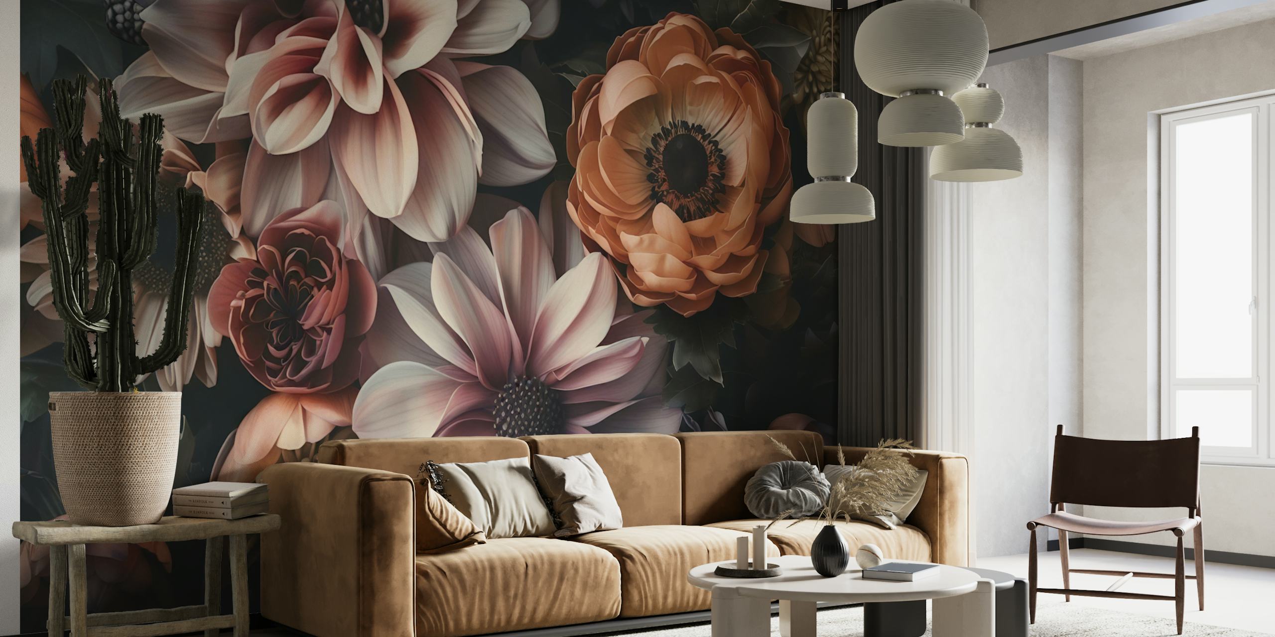 Dark floral design with soft pink and orange flowers, wallpaper
