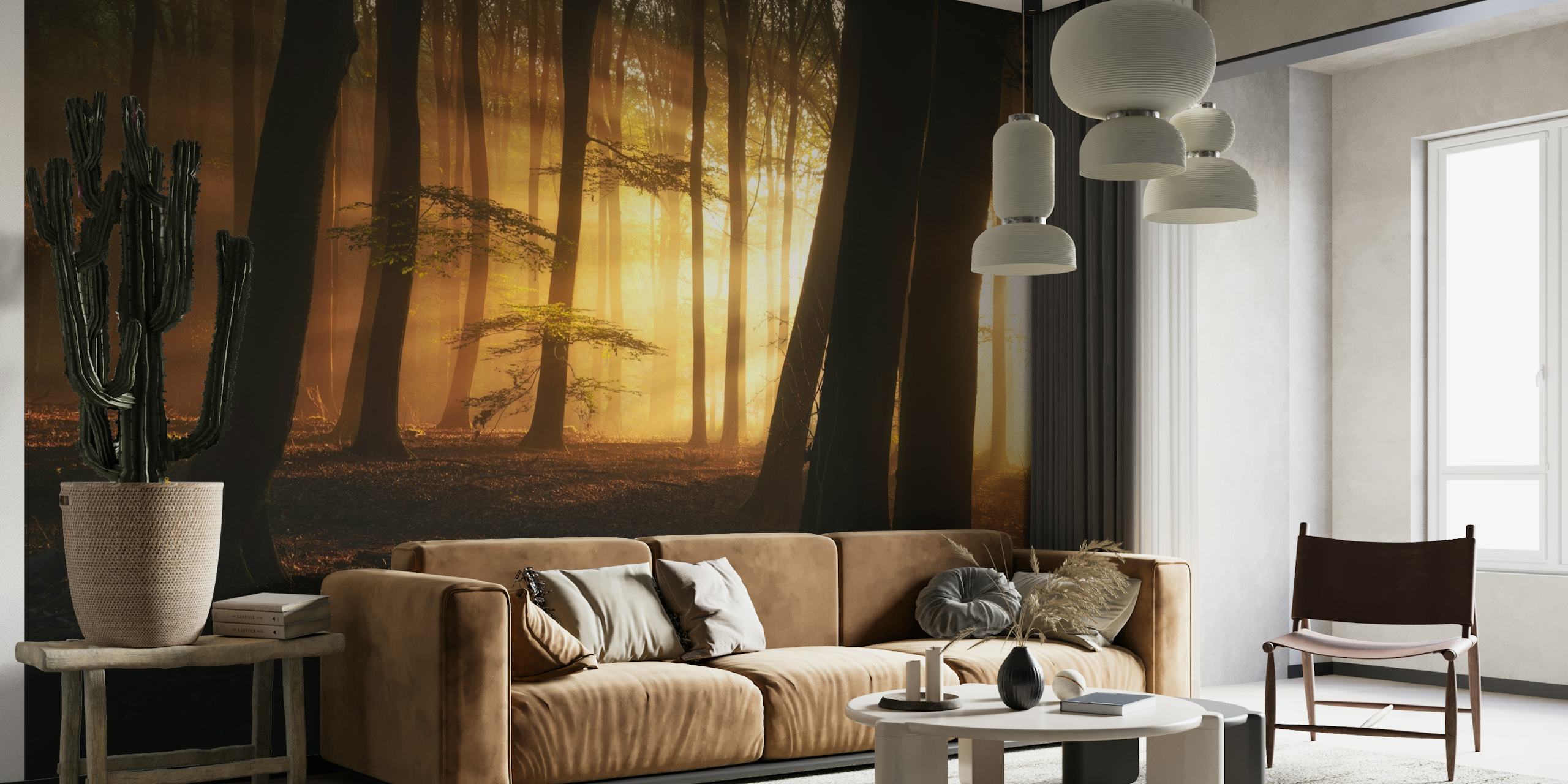 Golden forest scene with sunlight through trees wallpaper