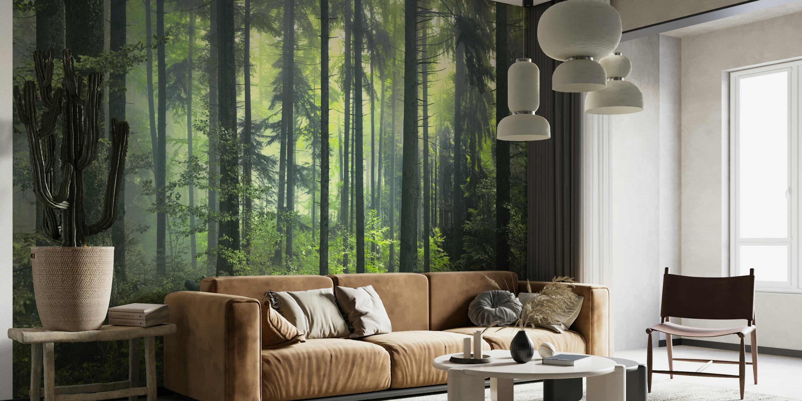 Dense green forest with tall trees and foliage wallpaper
