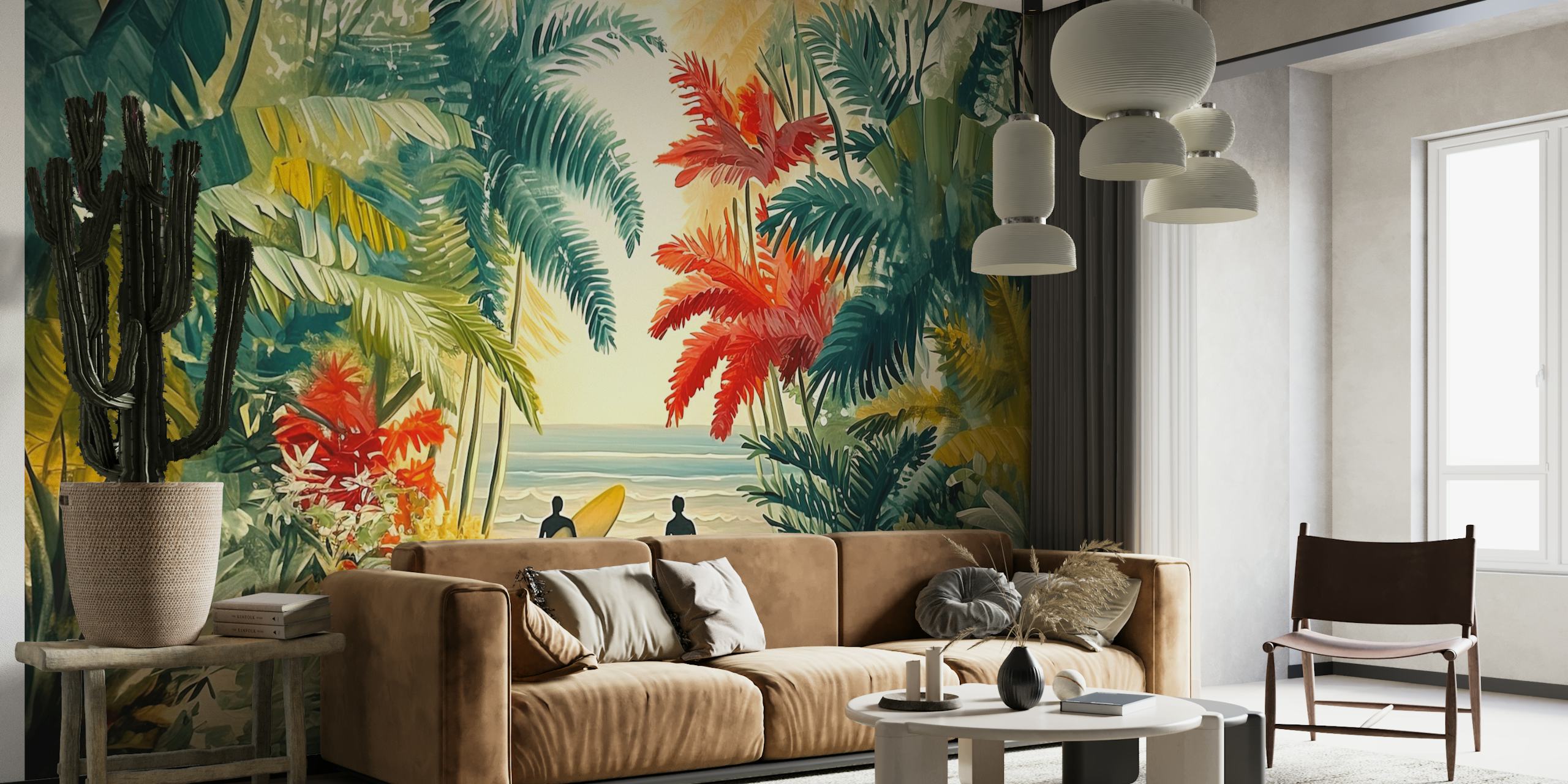 Surfers walking on a beach surrounded by palm trees wallpaper