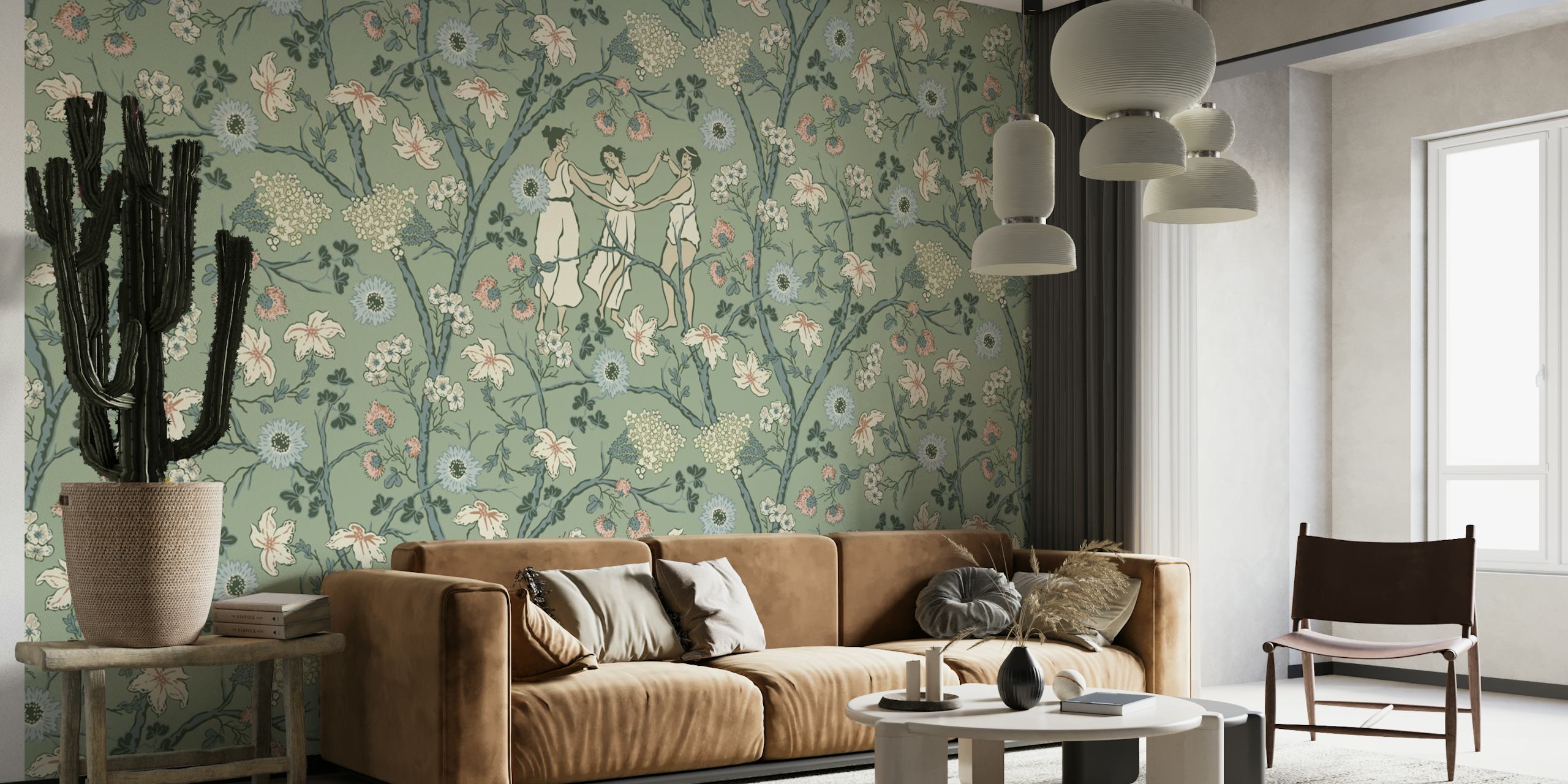 Midsummer dance on green wallpaper in a room