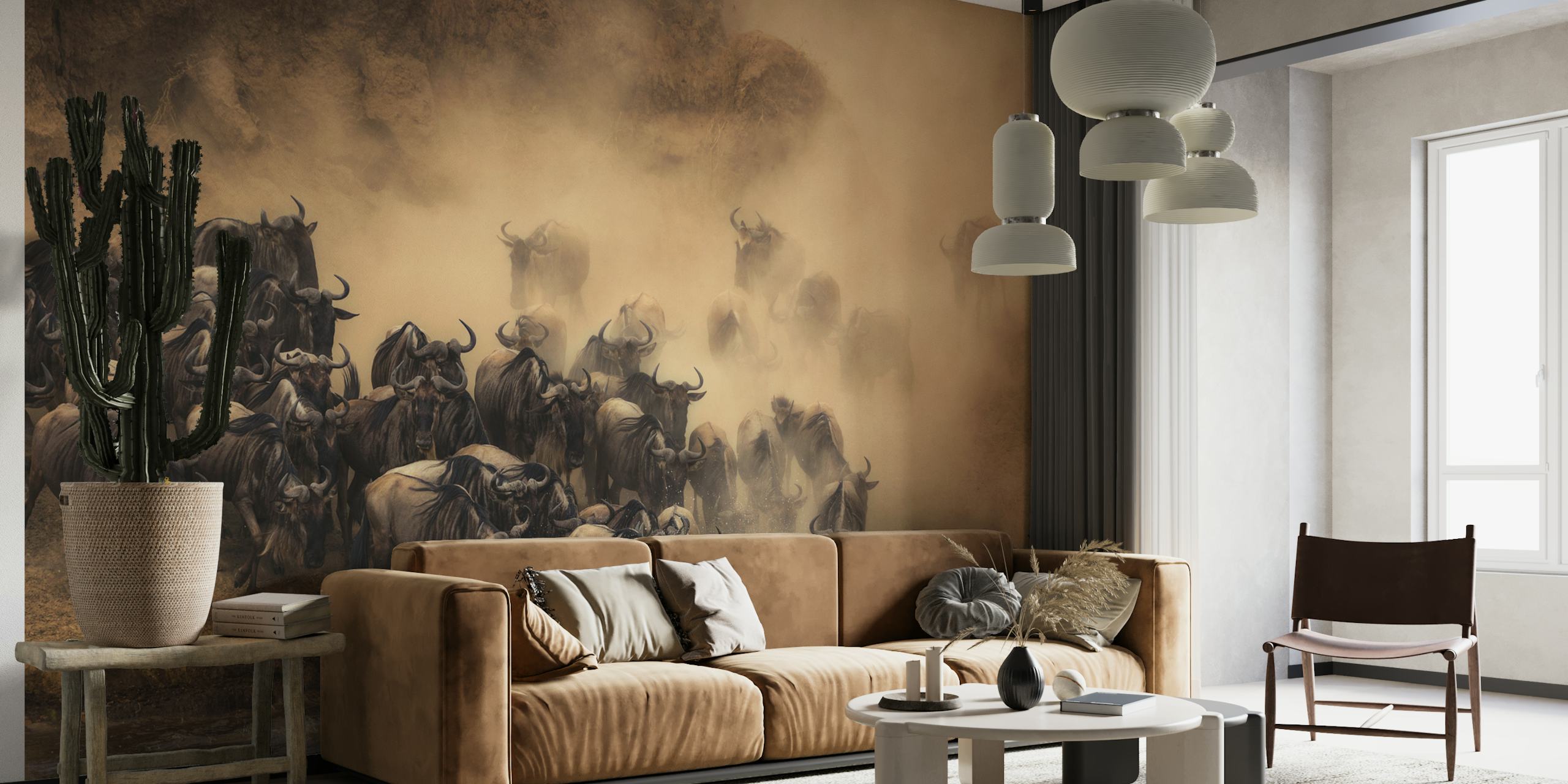 The Crossing behang met wilde dieren in een kamer