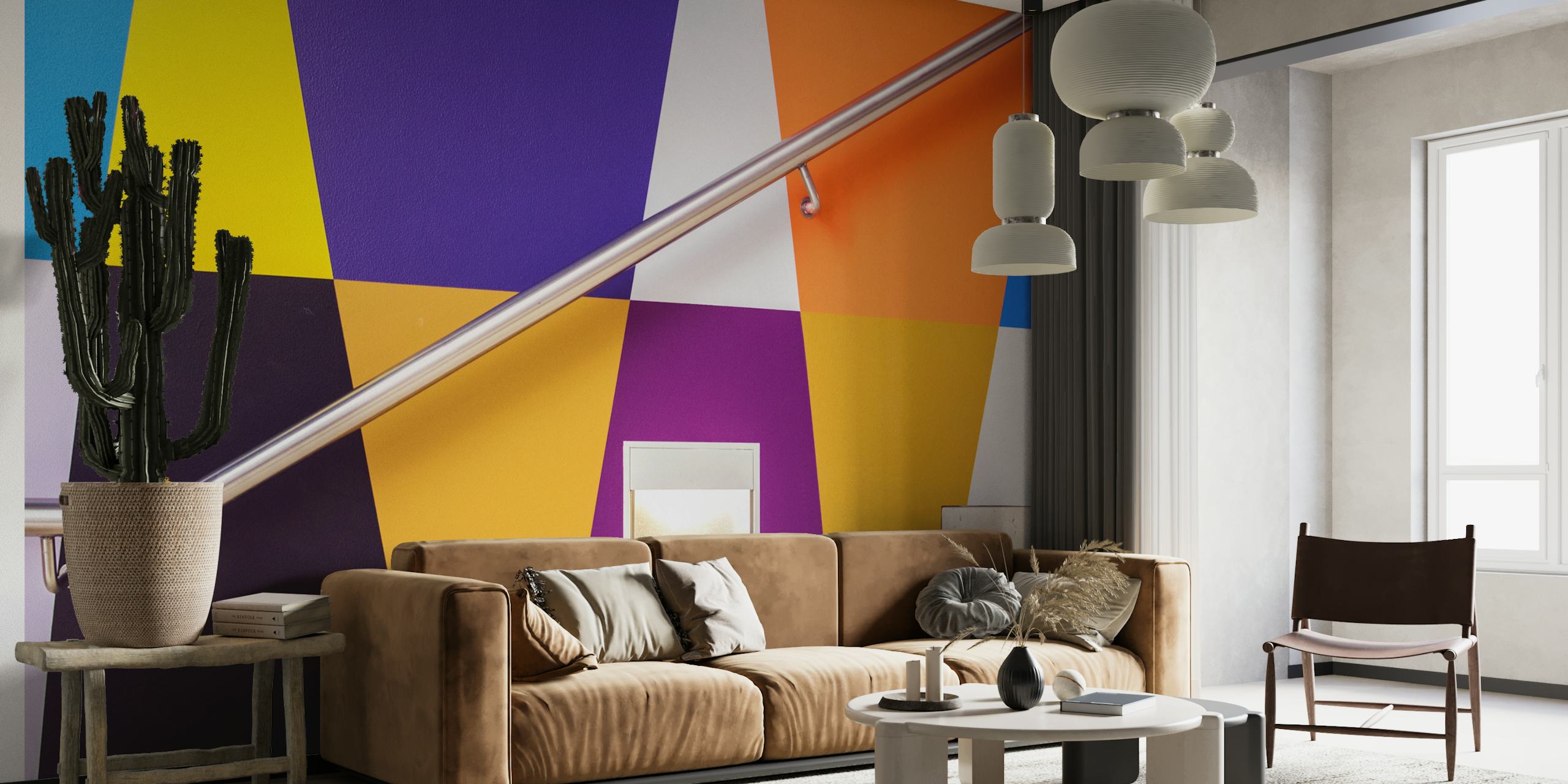 Colorful geometric wallpaper on stairs