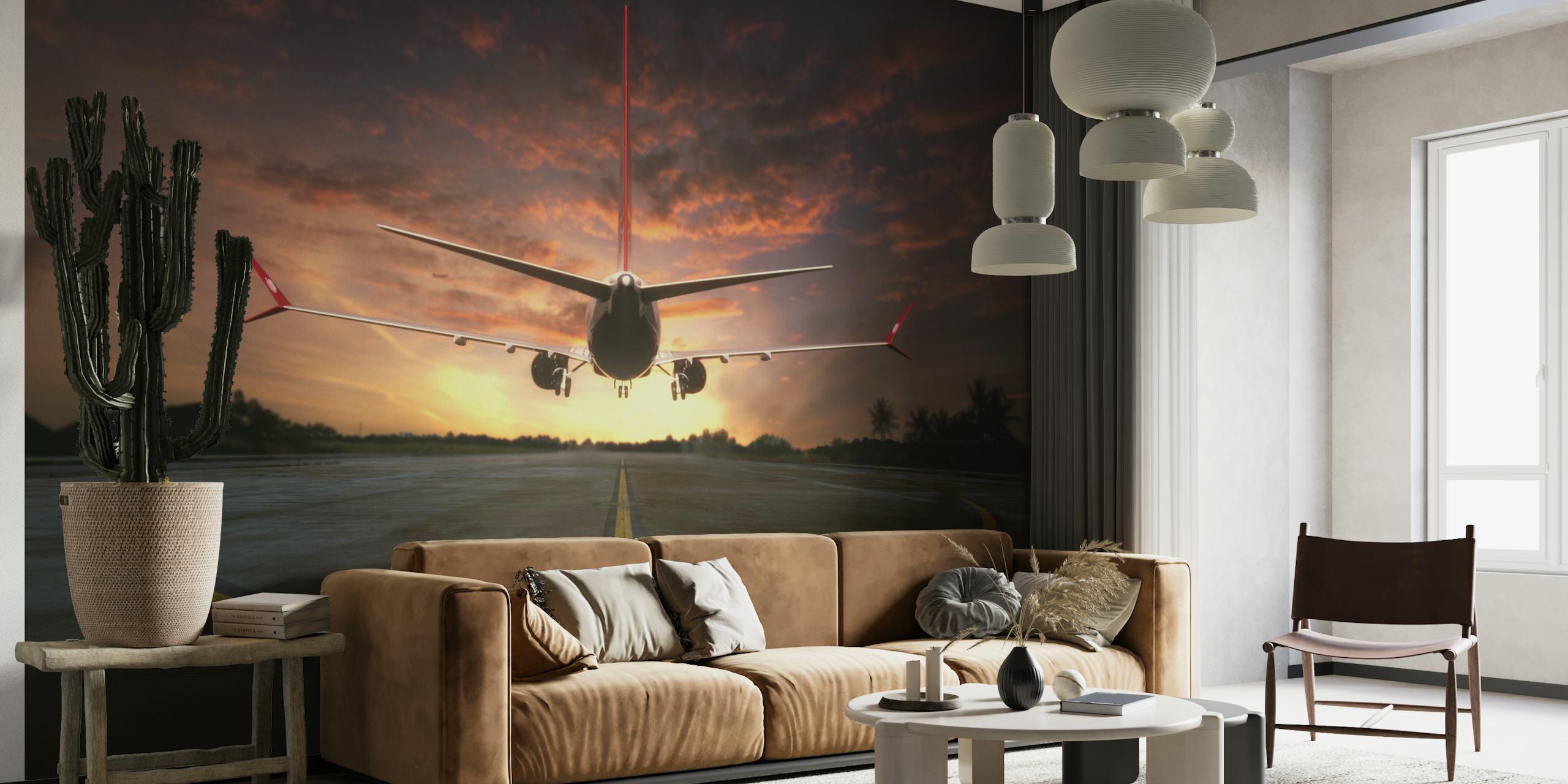 Airplane taking off against a sunset backdrop, orange and purple hues, stunning wallpaper
