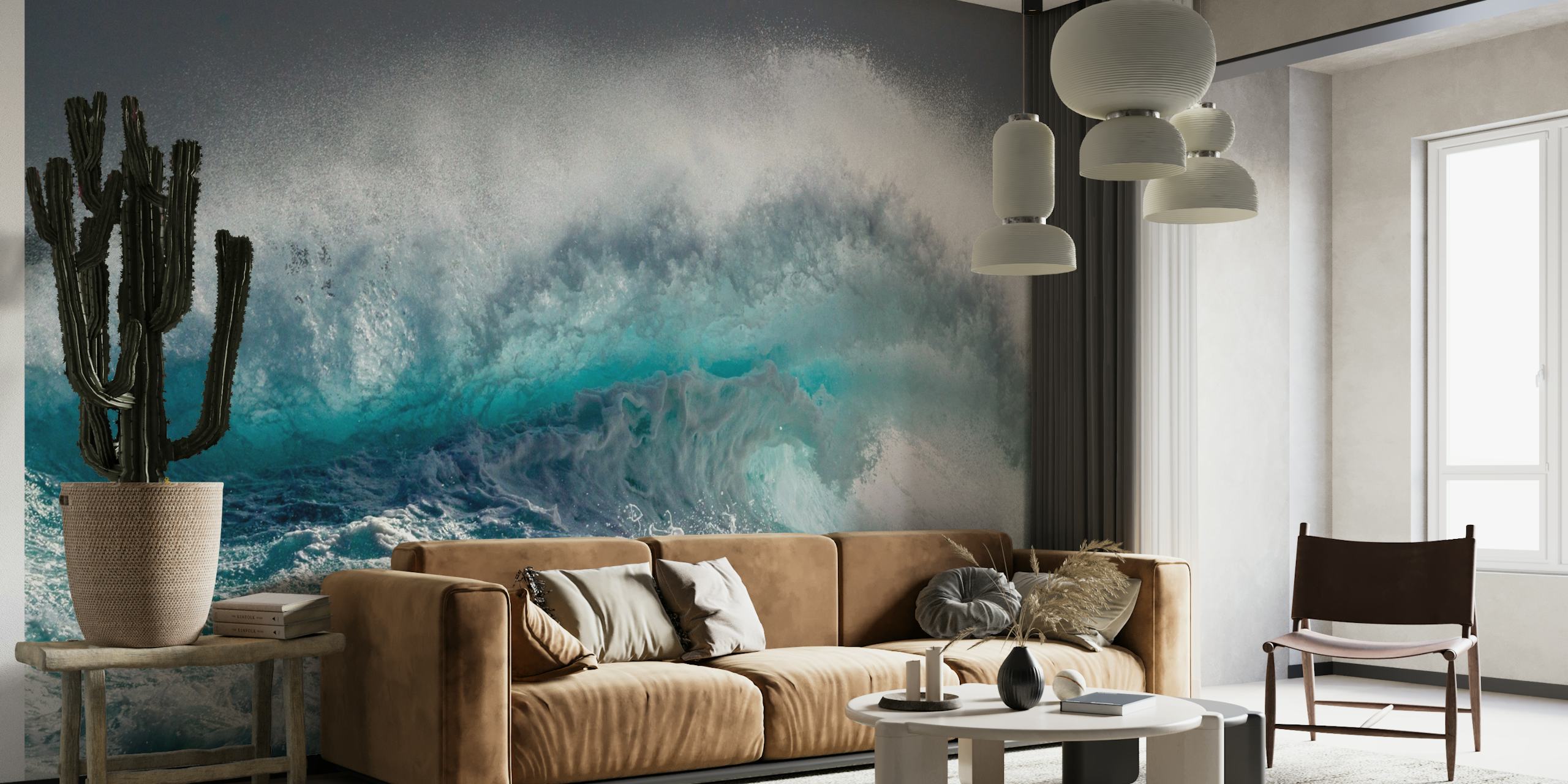 Mural de Mighty Water que representa una ola impresionante en ricos tonos de azul y blanco