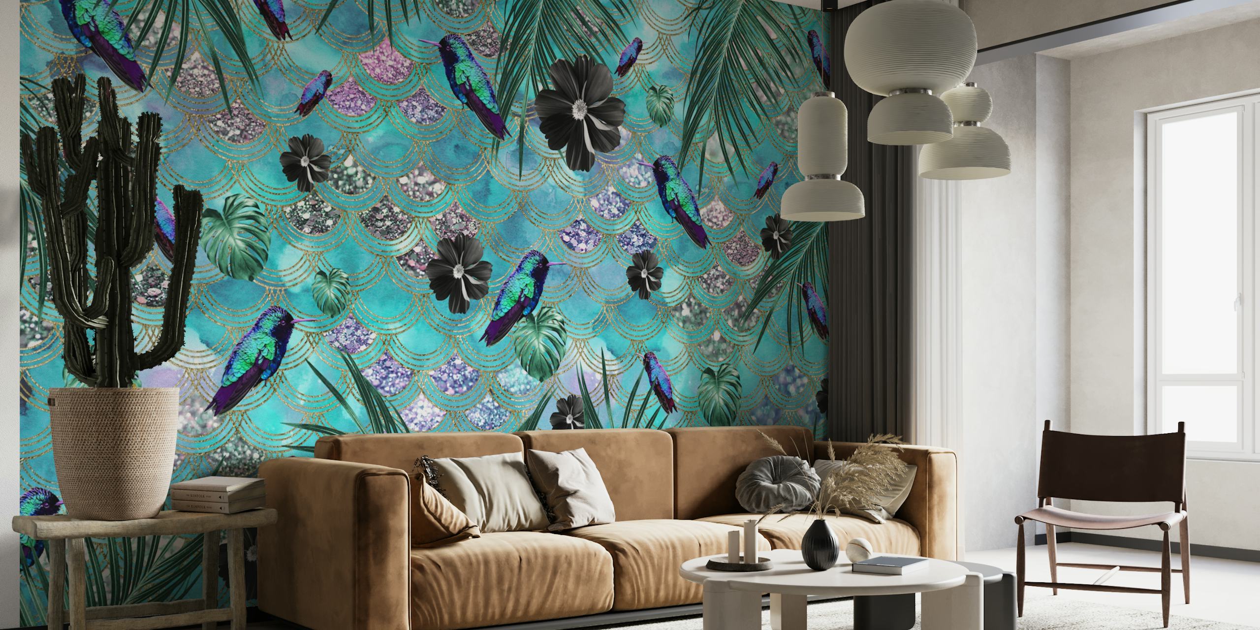Tropical jungle design with colorful scales, birds, and foliage wallpaper