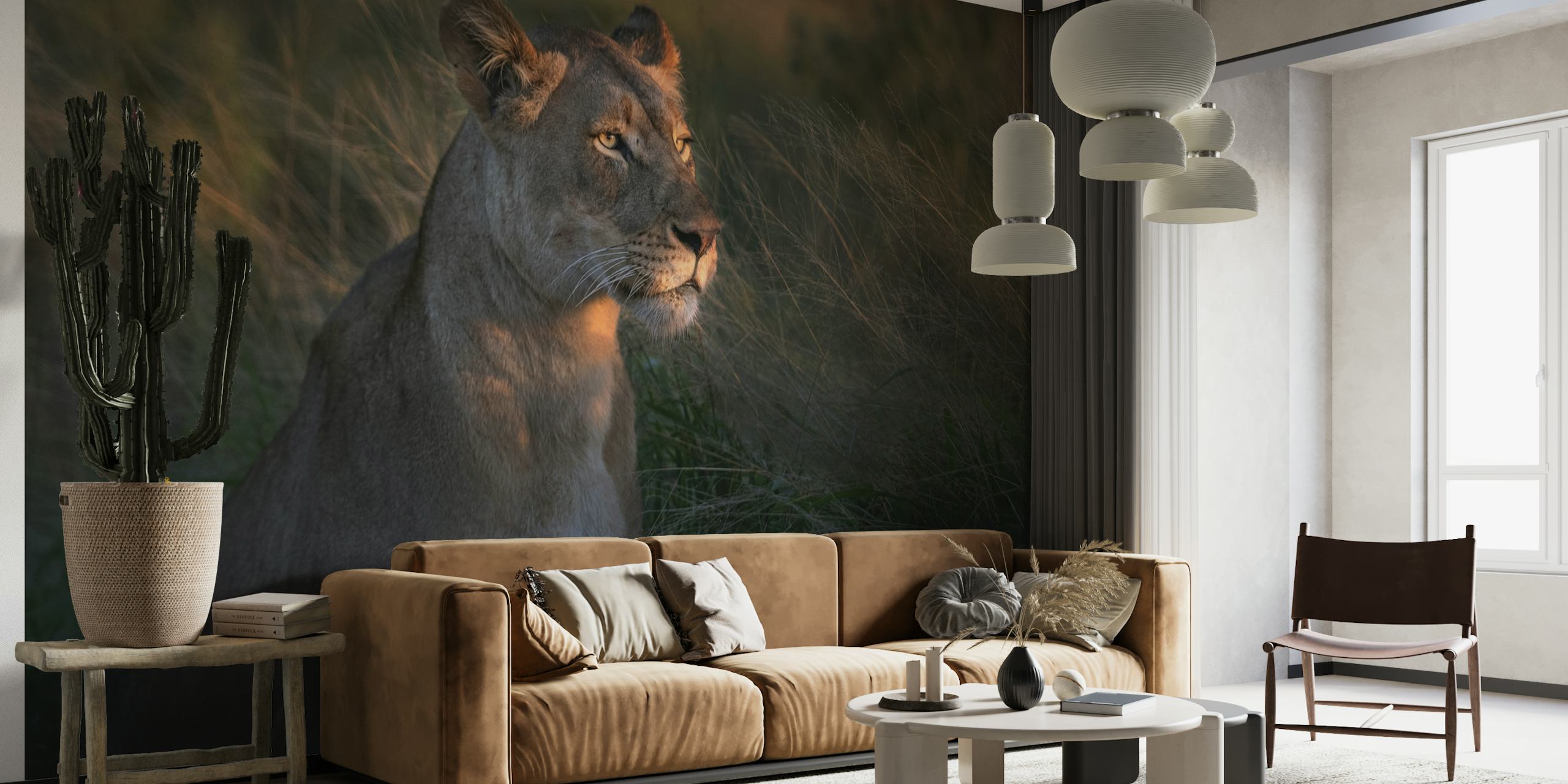 Lioness in the morning light wall mural