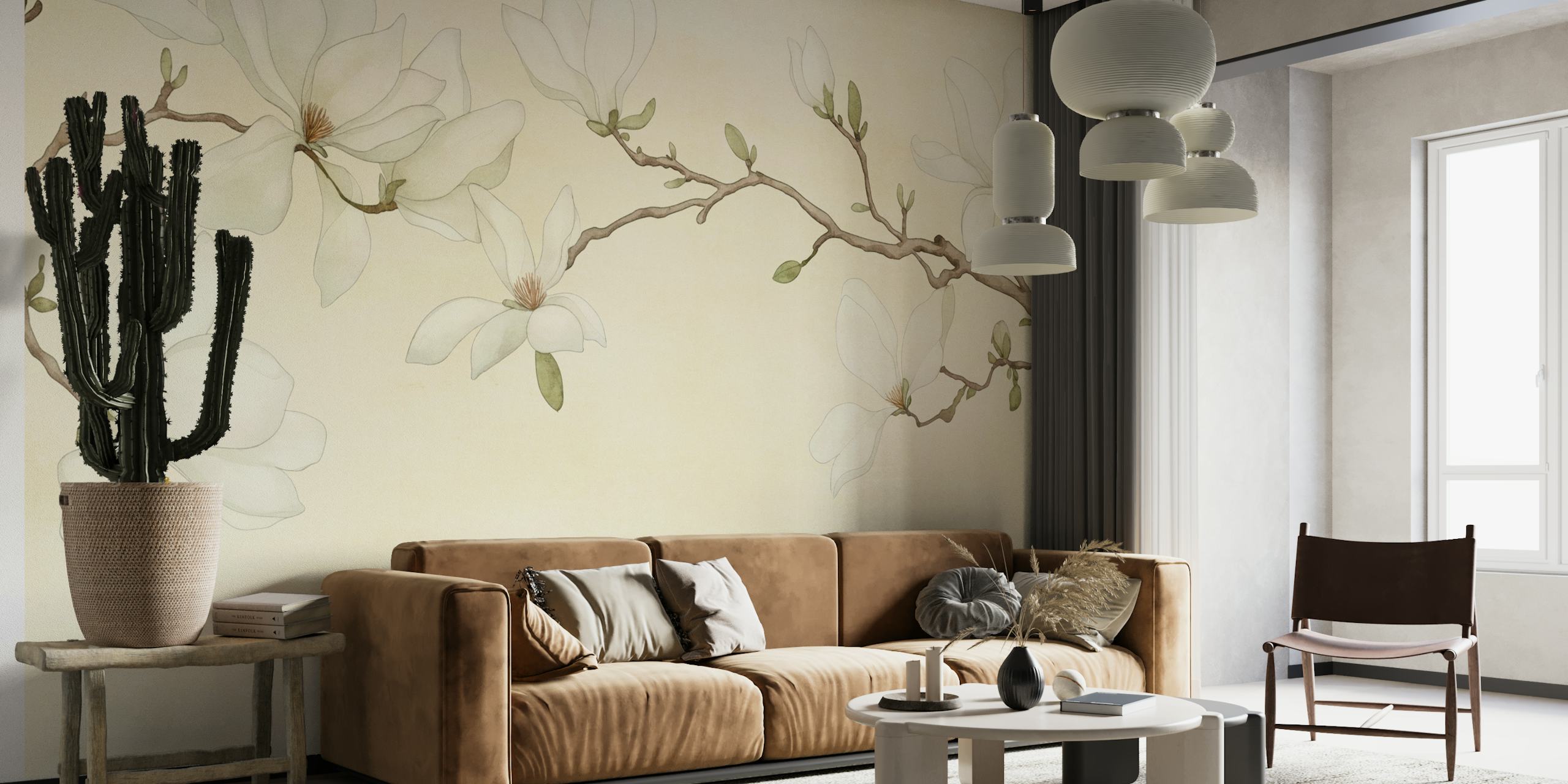 Graceful Magnolia Art Vanilla Cream Carta da parati in una stanza