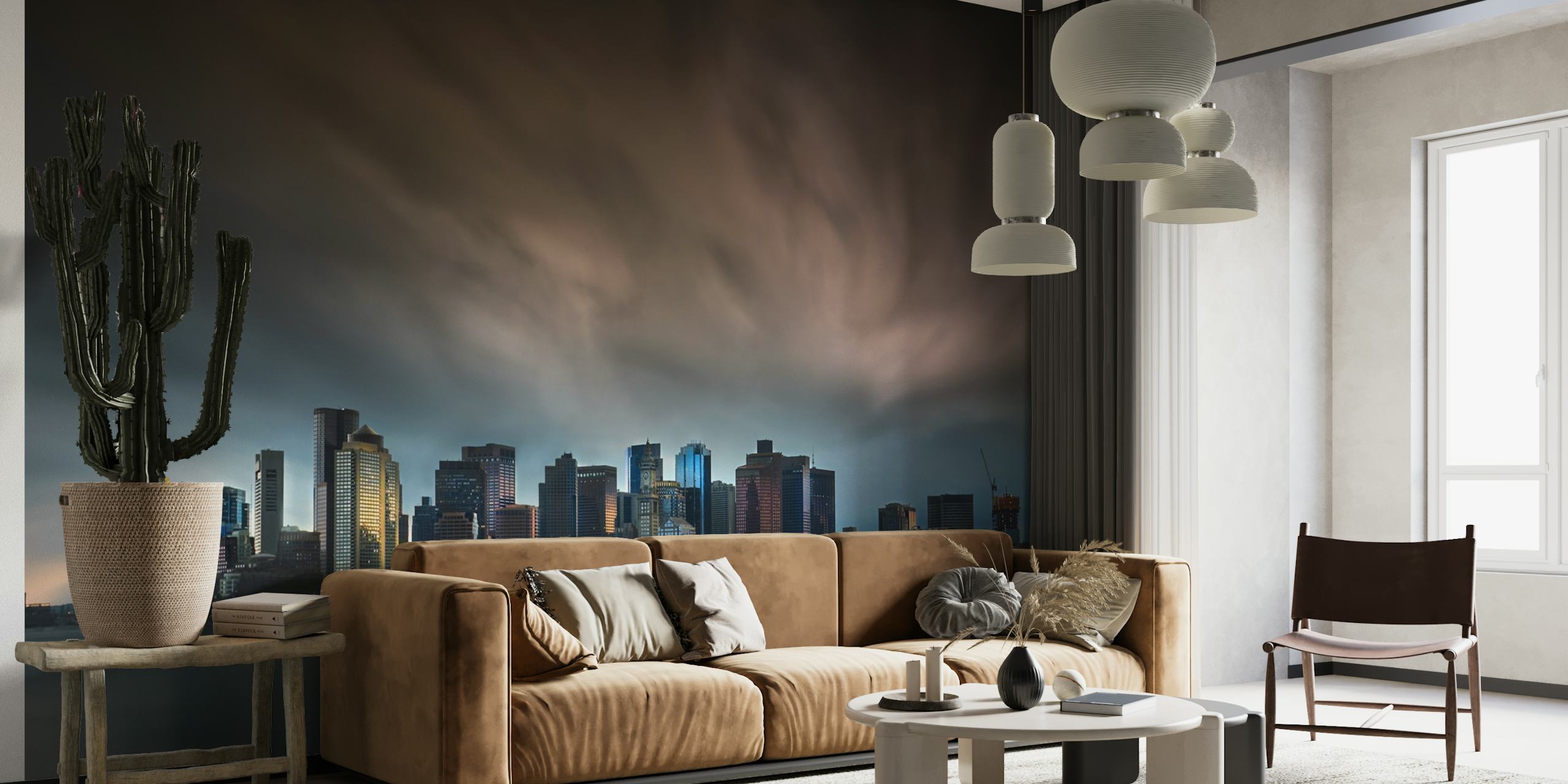 Boston skyline wall mural with dramatic clouds
