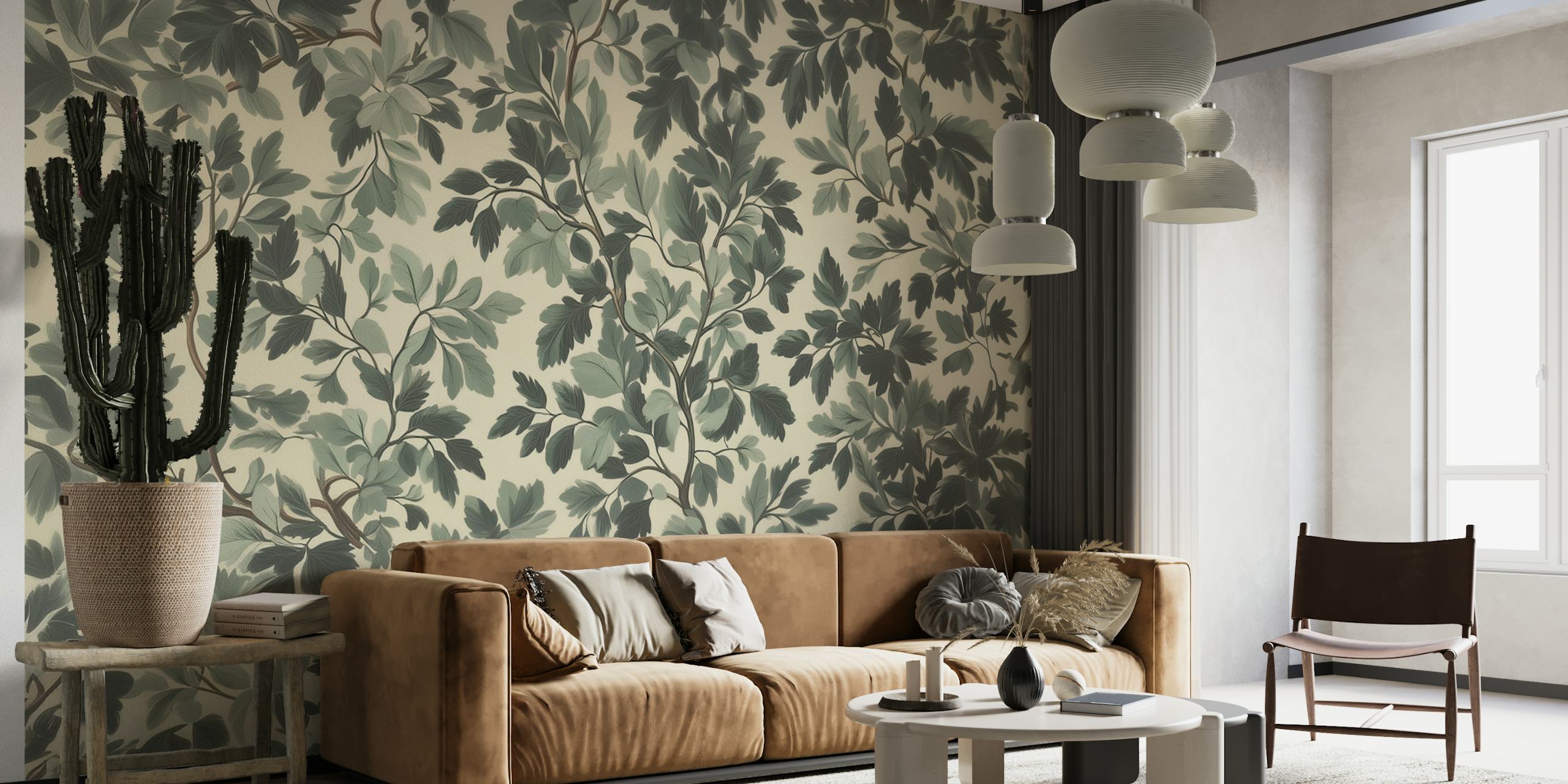 Botanical leafy pattern with dark green and soft gray hues wallpaper