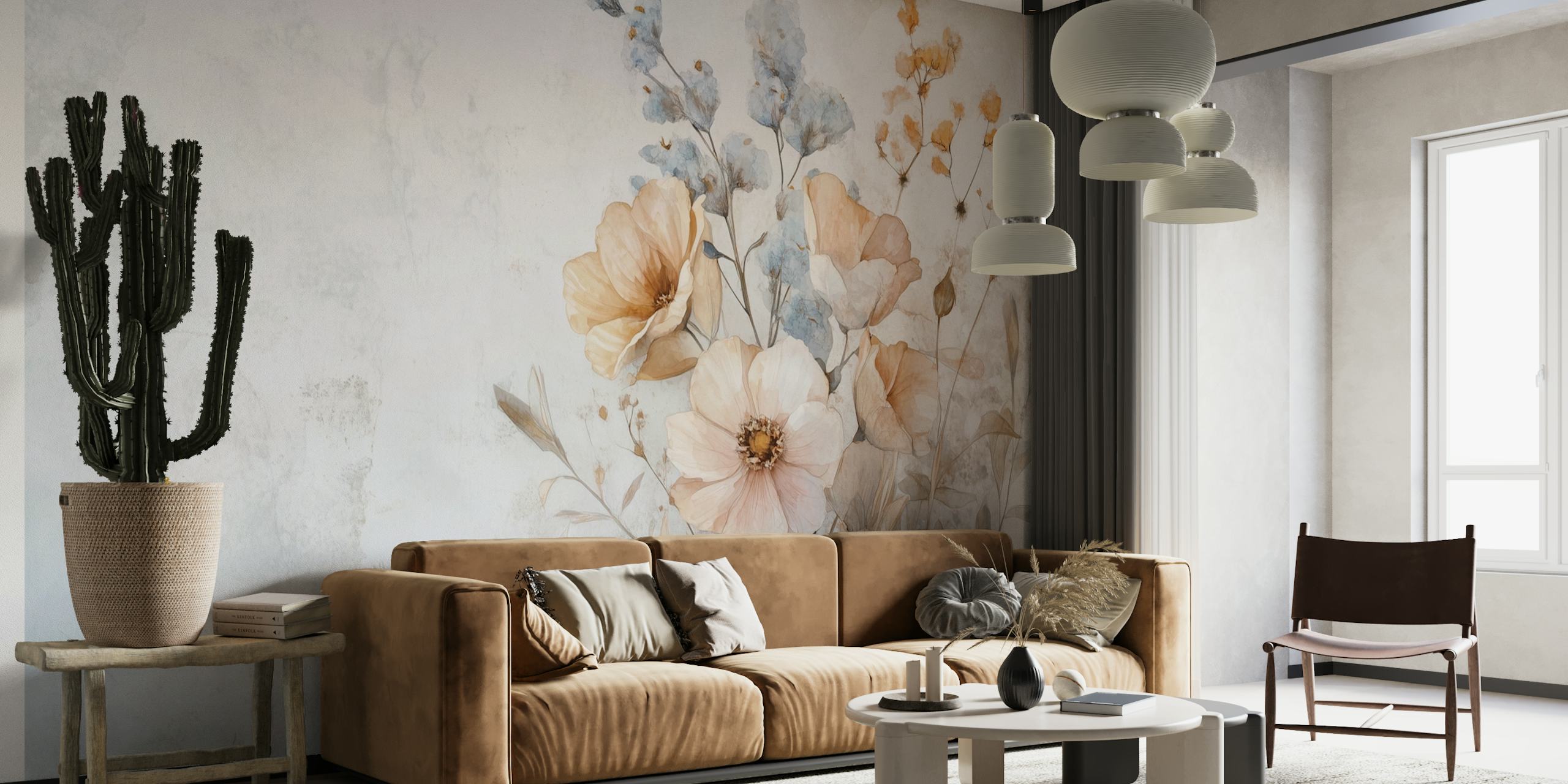 Zachte bloemen in aardetinten op lichte achtergrond wallpaper