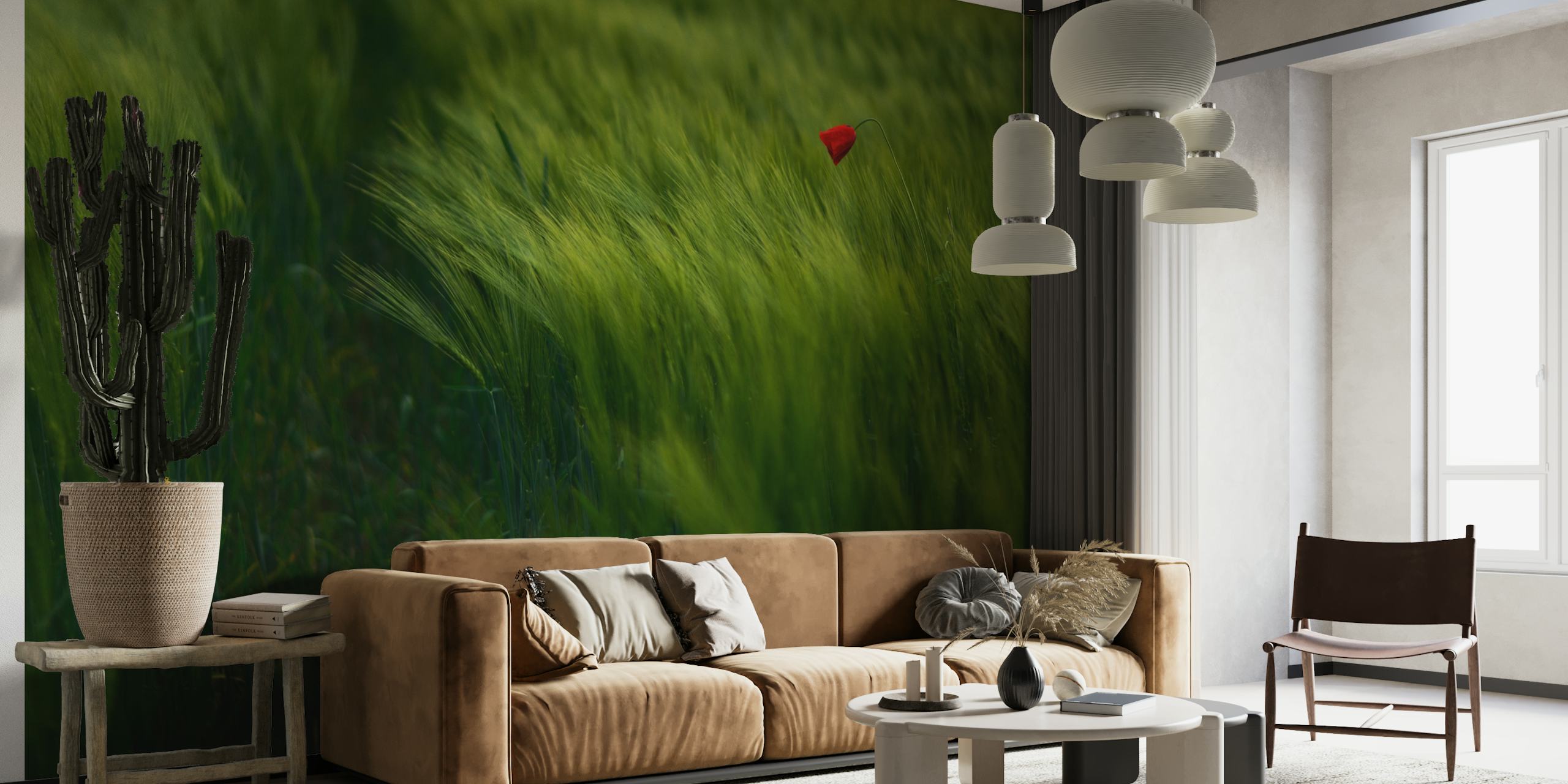 Green grass wall mural with a single red poppy called In The Wind