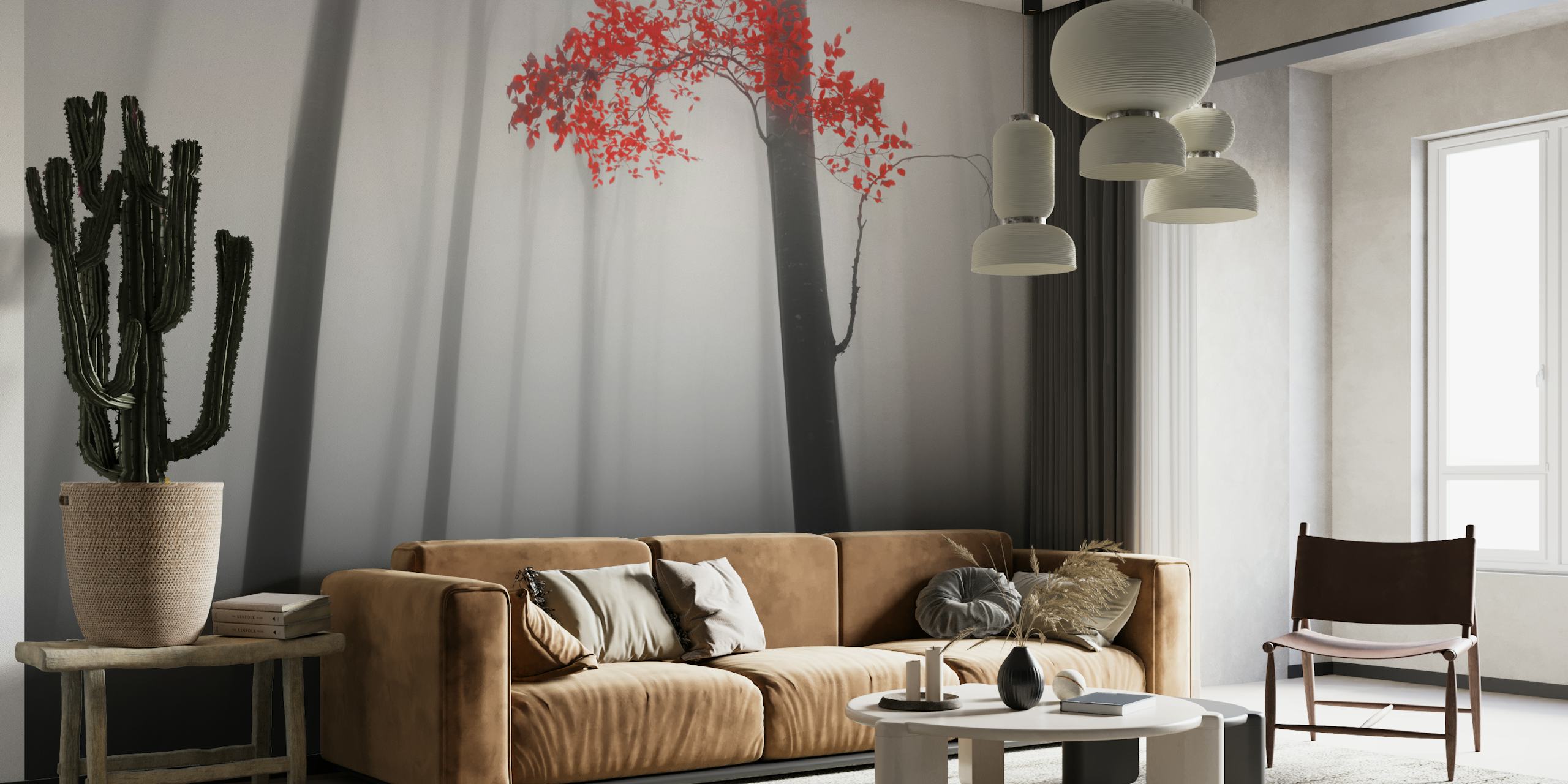 Monochrome trees with vibrant red leaves wallpaper