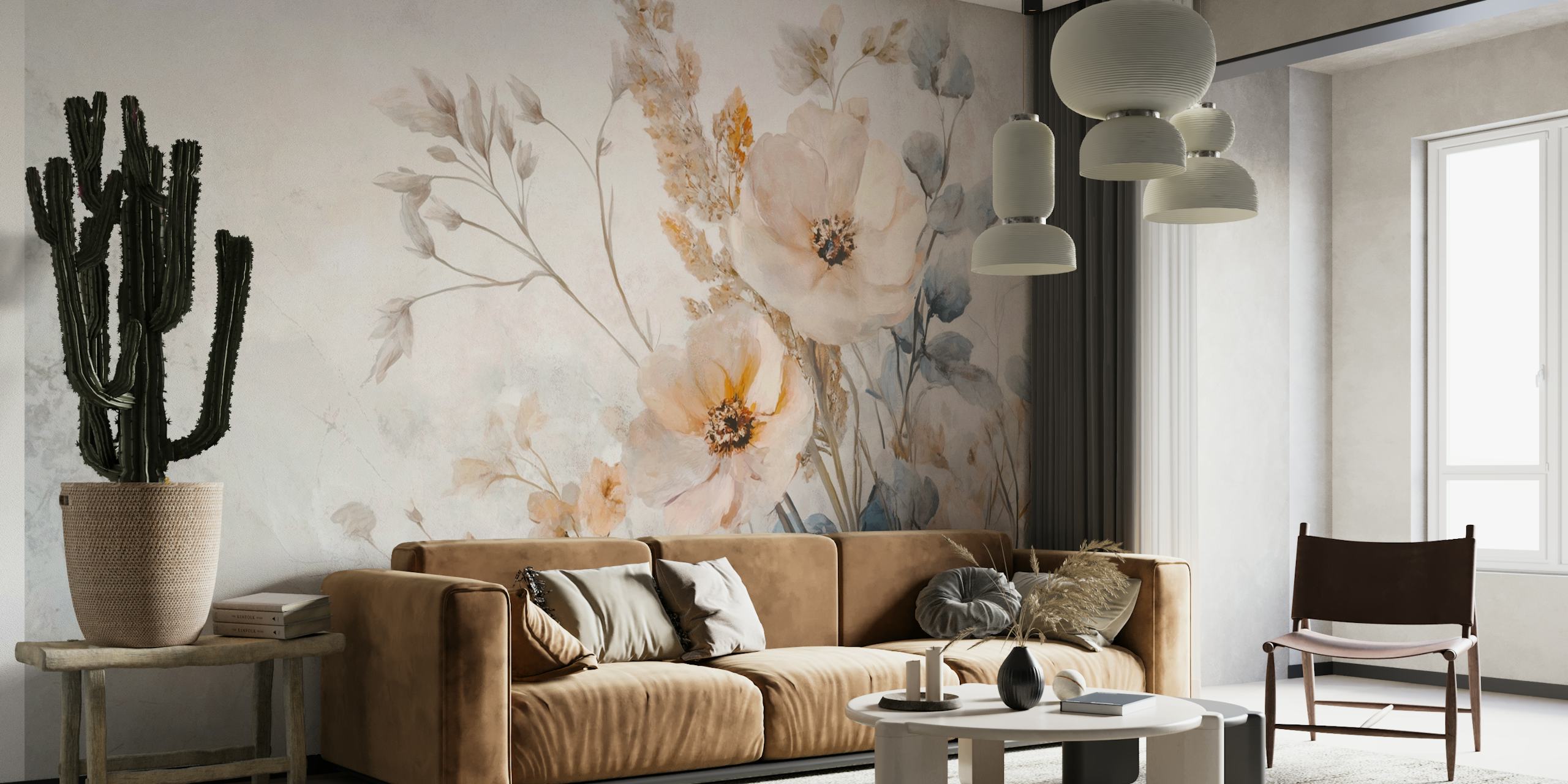Papel tapiz floral Soft Blooming Oasis en una habitación
